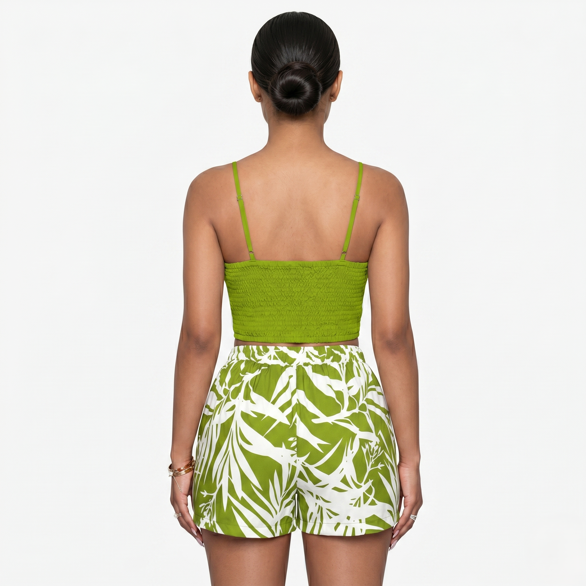 Oldevaine | Two Piece Twisted Front Cami and Printed High-Waisted Shorts Set