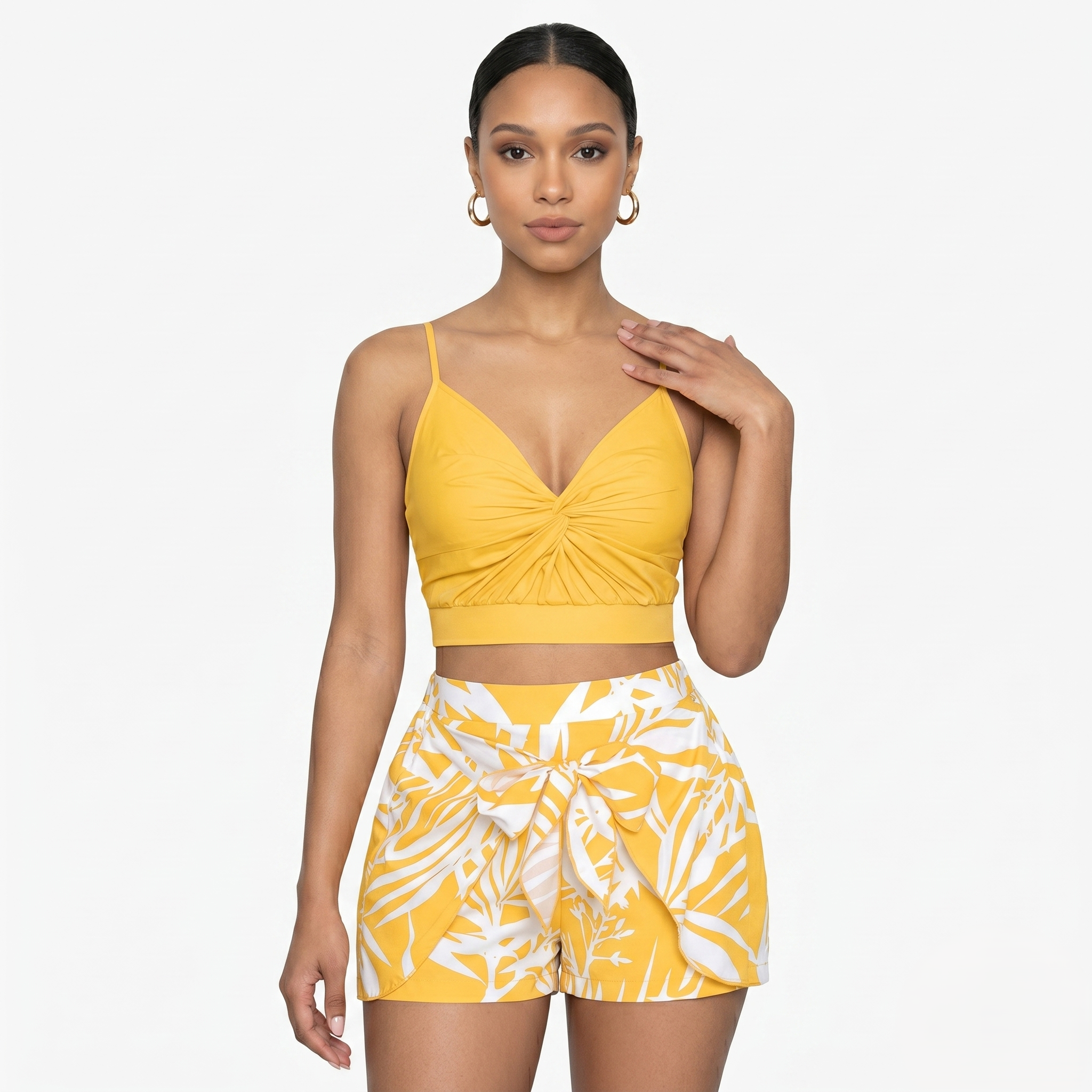 Oldevaine | Two Piece Twisted Front Cami and Printed High-Waisted Shorts Set