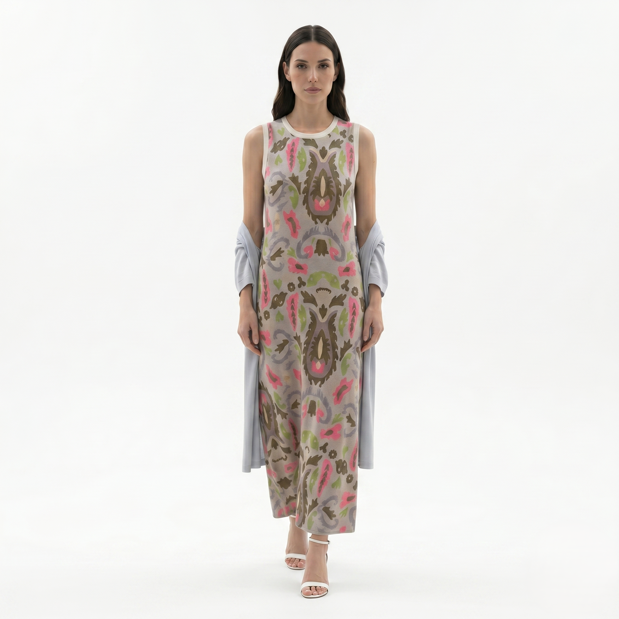 Oldevaine | Women’s Two Piece Set Printed Sleeveless Maxi Dress with Shawl