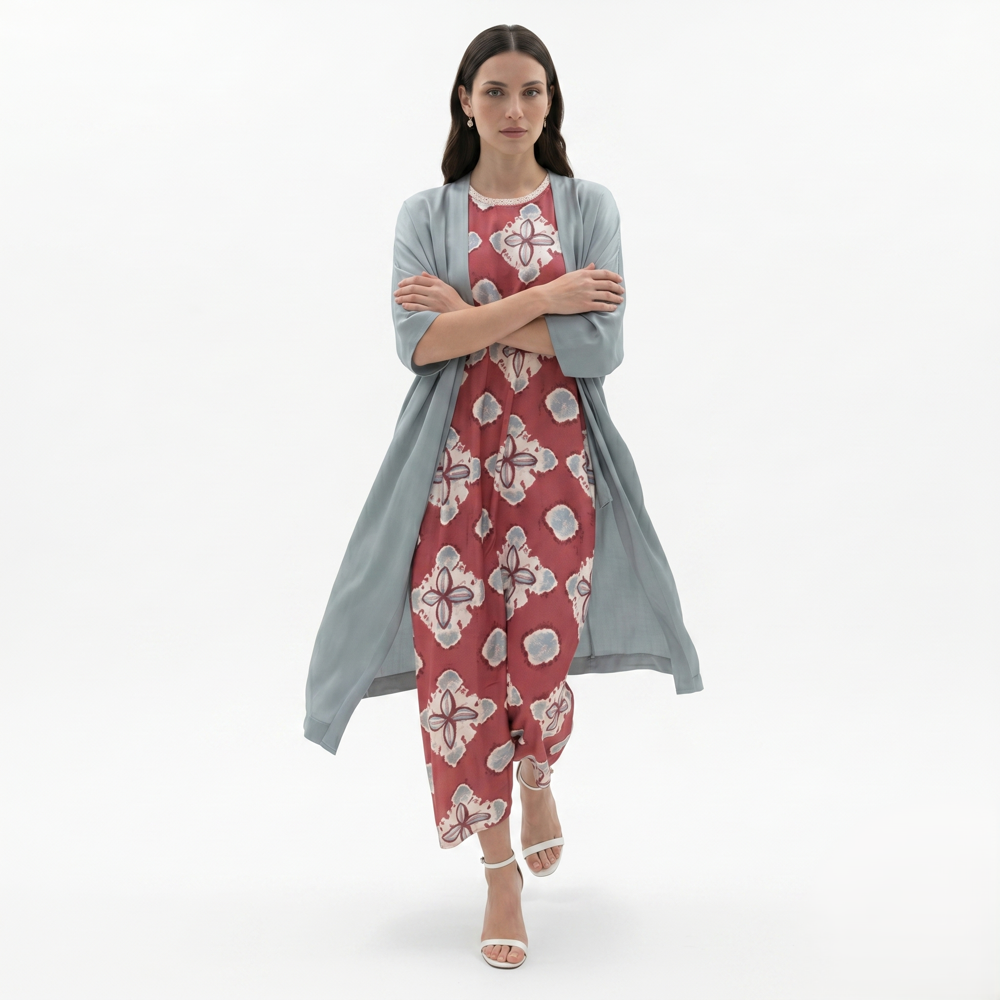 Oldevaine | Women’s Two Piece Set Printed Sleeveless Maxi Dress with Shawl