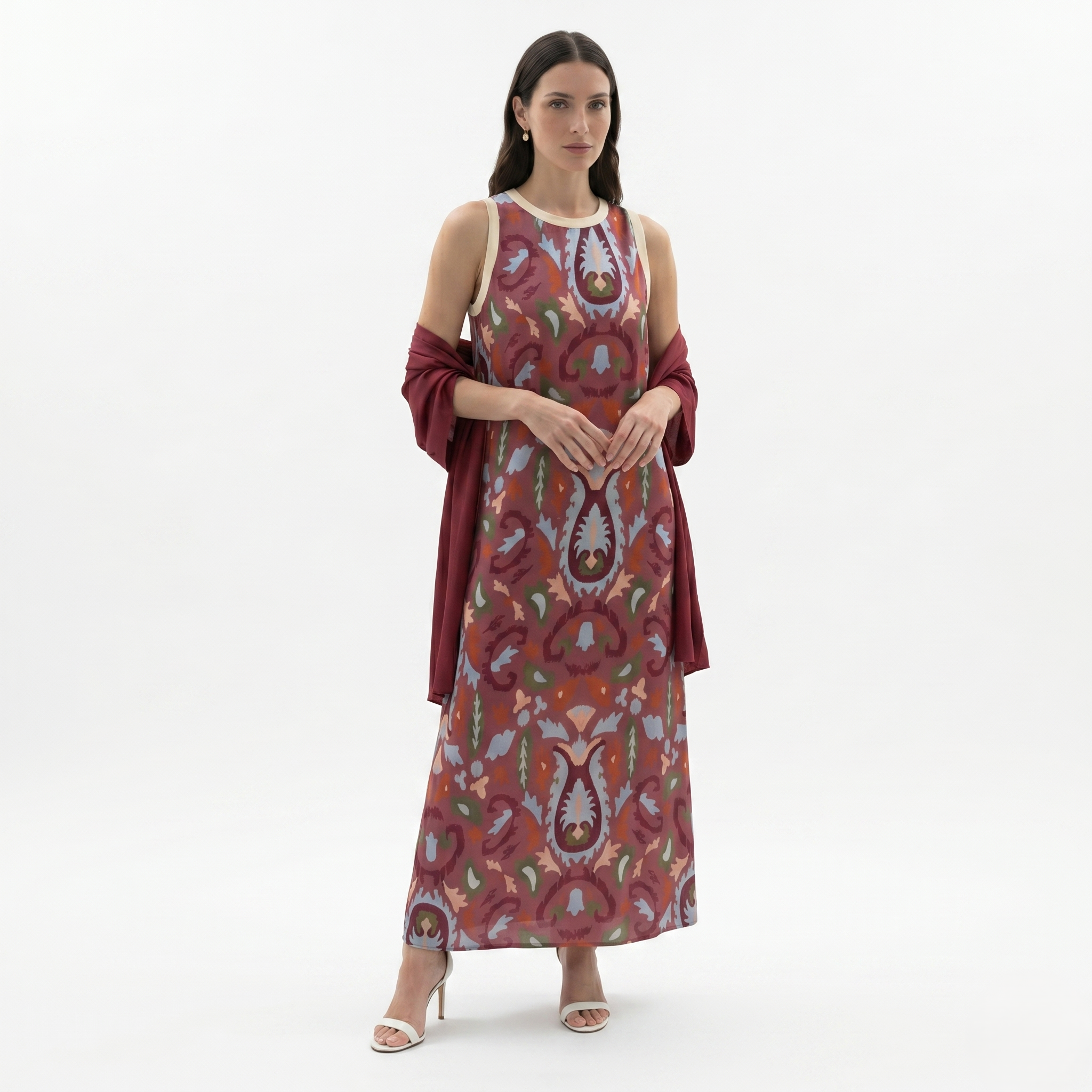 Oldevaine | Women’s Two Piece Set Printed Sleeveless Maxi Dress with Shawl