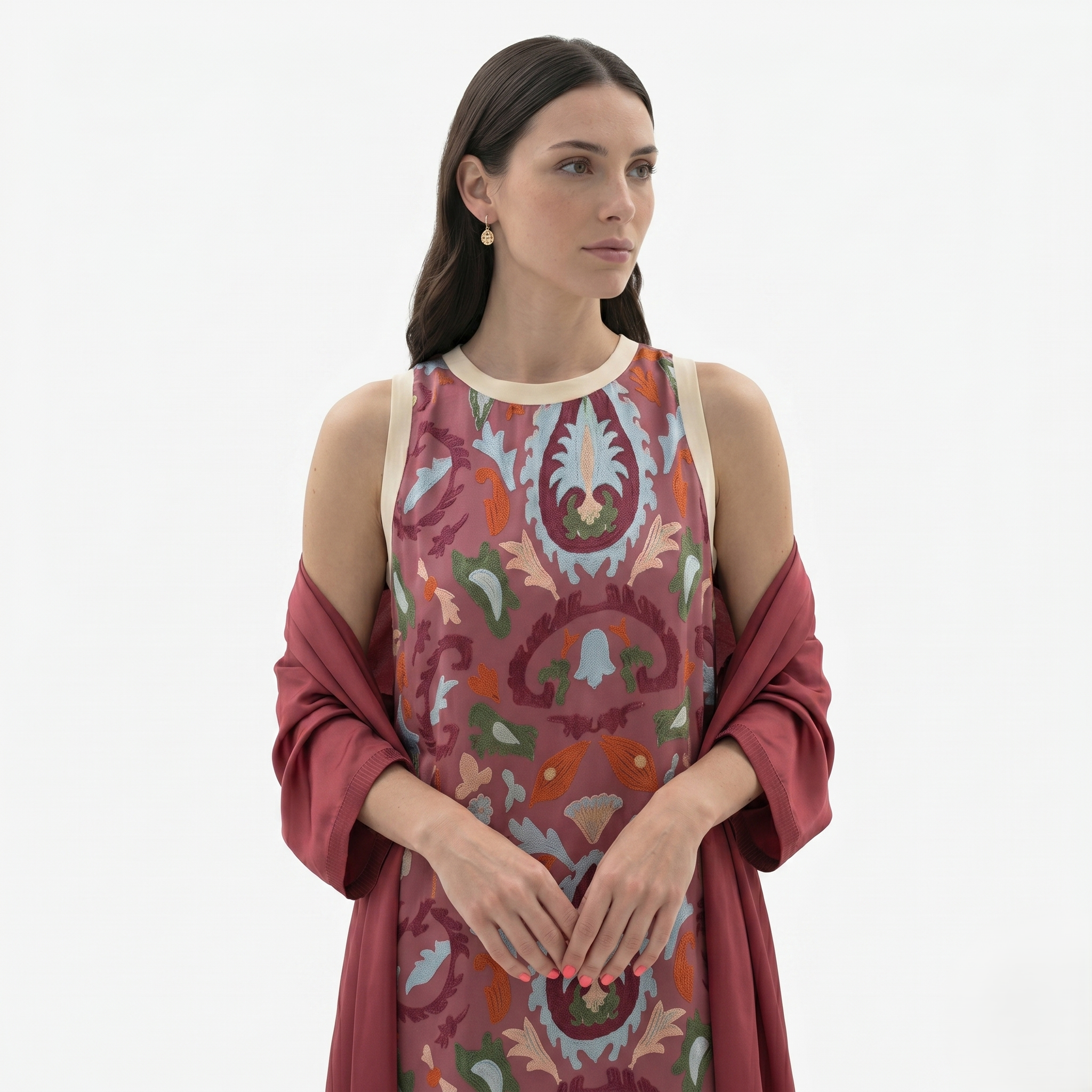Oldevaine | Women’s Two Piece Set Printed Sleeveless Maxi Dress with Shawl