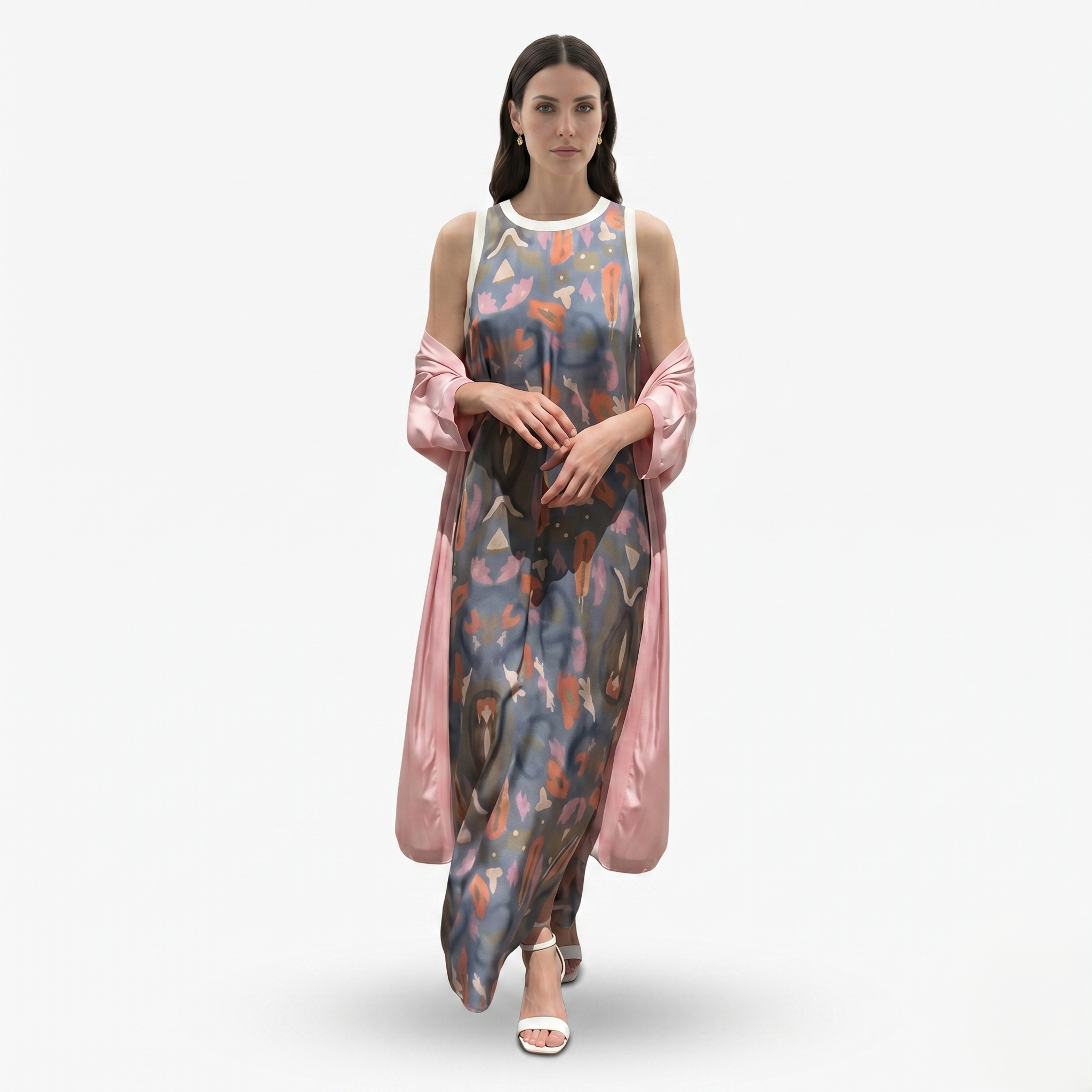 Oldevaine | Women’s Two Piece Set Printed Sleeveless Maxi Dress with Shawl