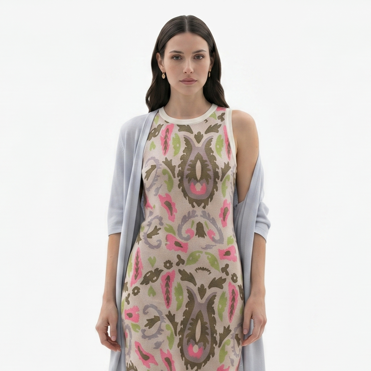 Oldevaine | Women’s Two Piece Set Printed Sleeveless Maxi Dress with Shawl