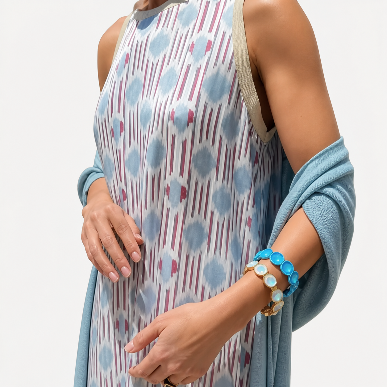 Oldevaine | Women’s Two Piece Set Printed Sleeveless Maxi Dress with Shawl
