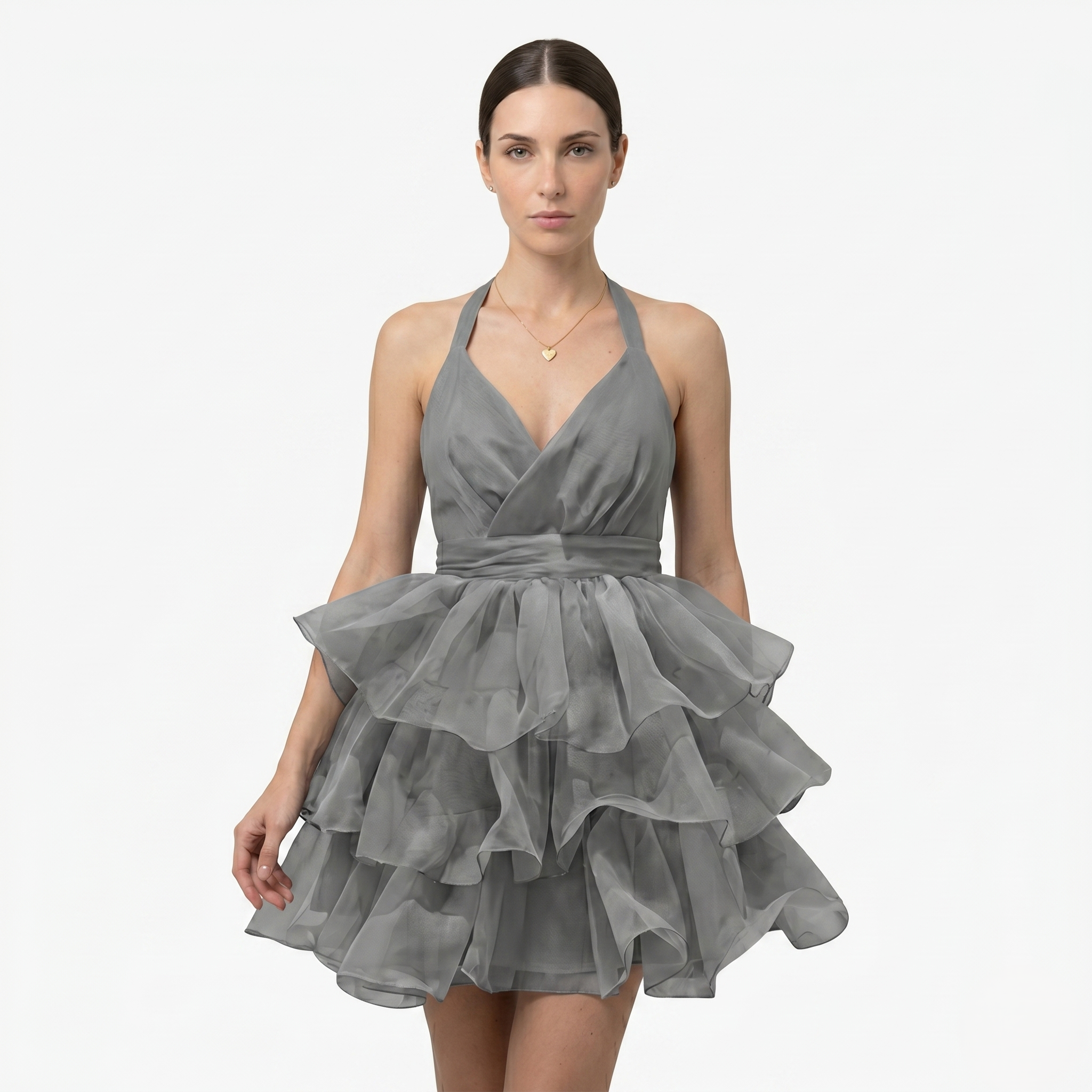 Oldevaine | Women’s Halter Mini Dress with Tiered Ruffle Skirt and Open Back