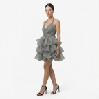 Oldevaine | Women’s Halter Mini Dress with Tiered Ruffle Skirt and Open Back