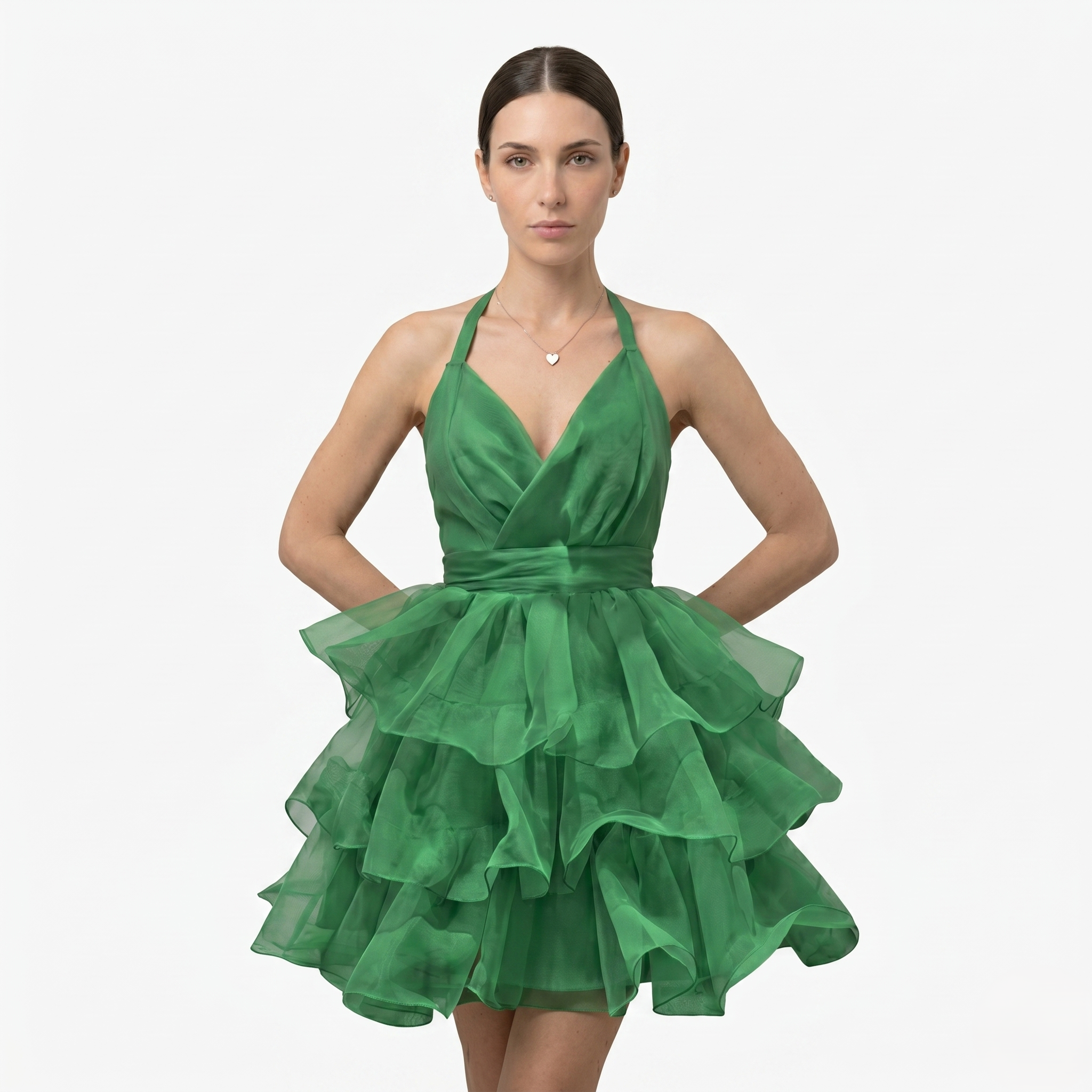 Oldevaine | Women’s Halter Mini Dress with Tiered Ruffle Skirt and Open Back