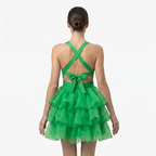 Oldevaine | Women’s Halter Mini Dress with Tiered Ruffle Skirt and Open Back