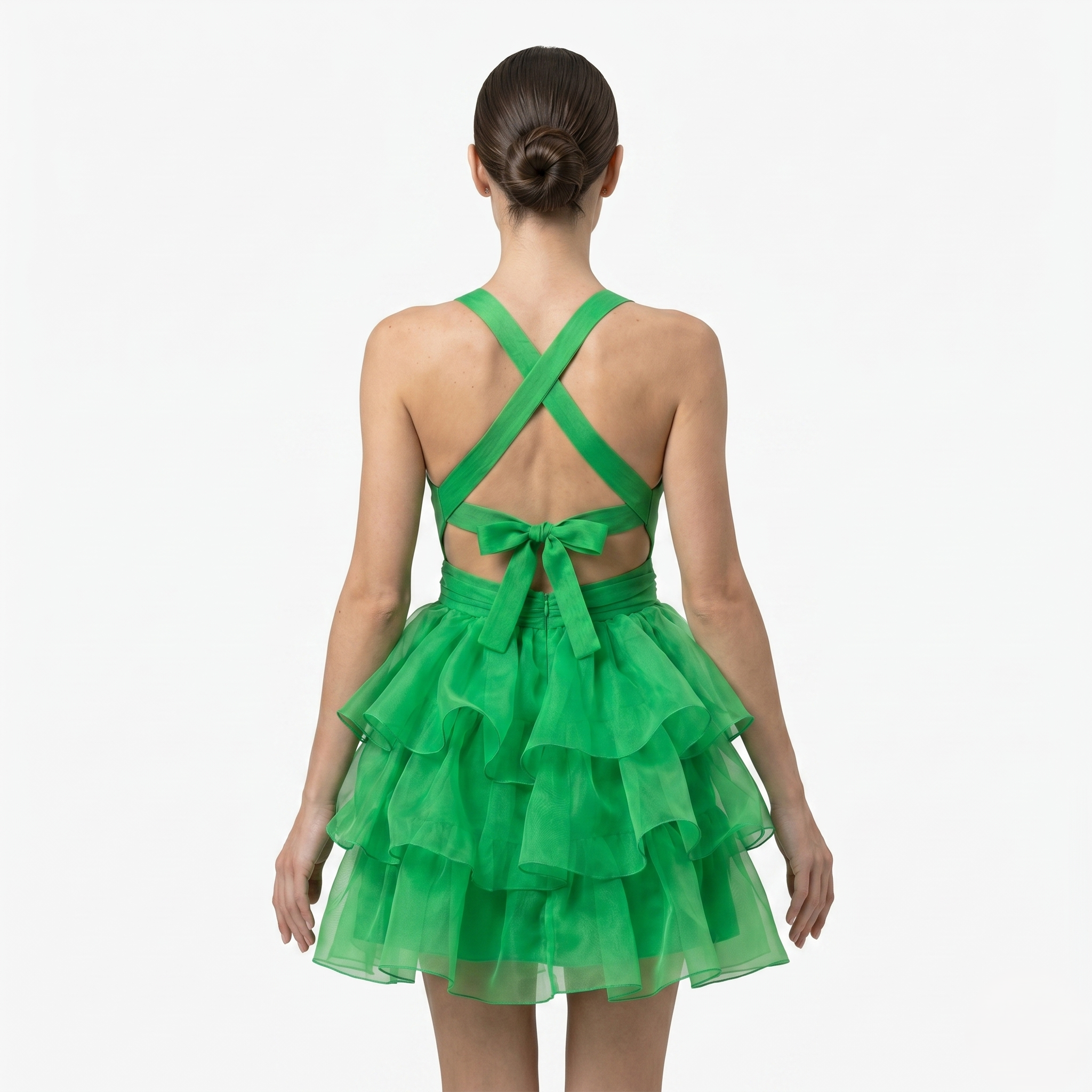 Oldevaine | Women’s Halter Mini Dress with Tiered Ruffle Skirt and Open Back