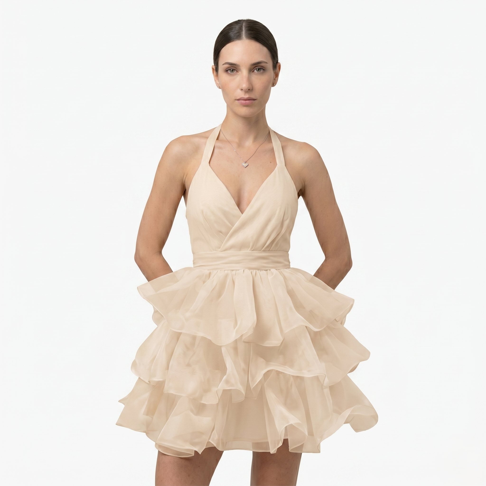 Oldevaine | Women’s Halter Mini Dress with Tiered Ruffle Skirt and Open Back