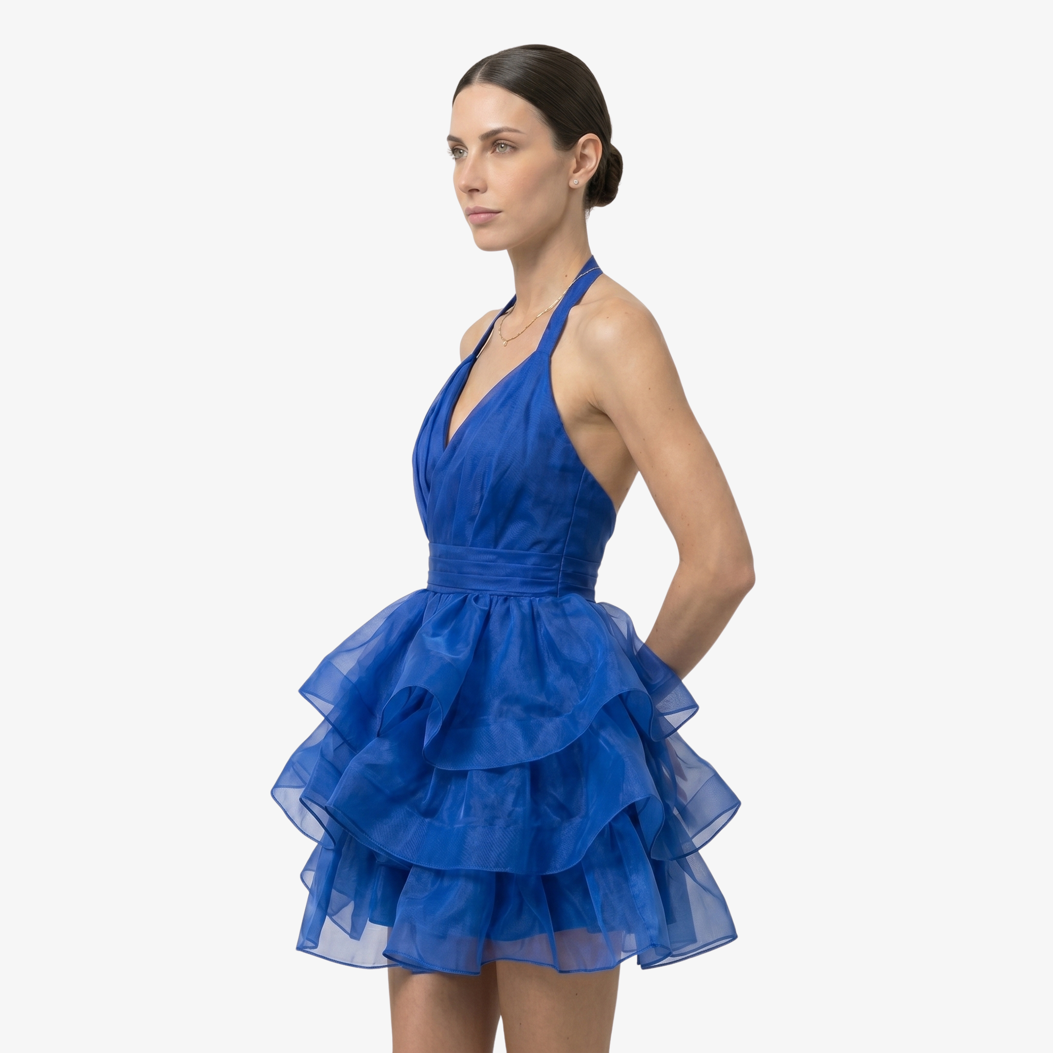 Oldevaine | Women’s Halter Mini Dress with Tiered Ruffle Skirt and Open Back