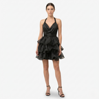Oldevaine | Women’s Halter Mini Dress with Tiered Ruffle Skirt and Open Back