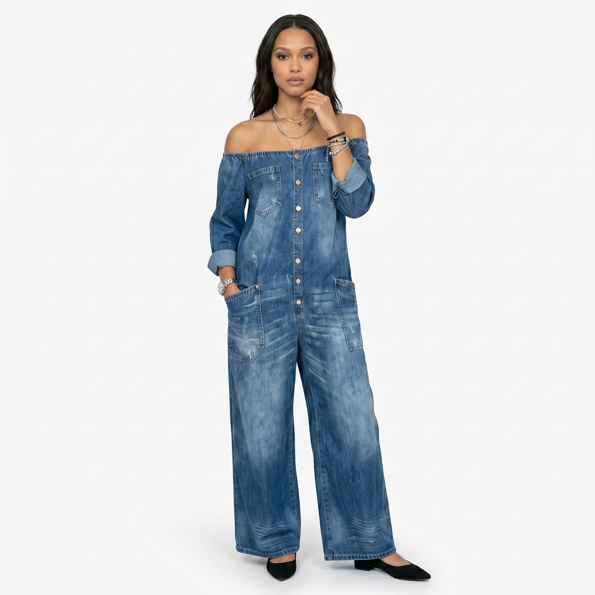 Oldevaine | Women’s Off-Shoulder Wide-Leg Jumpsuit with Pockets
