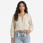 Oldevaine | Women's Printed Lace Trim Long Sleeve Boho Blouse