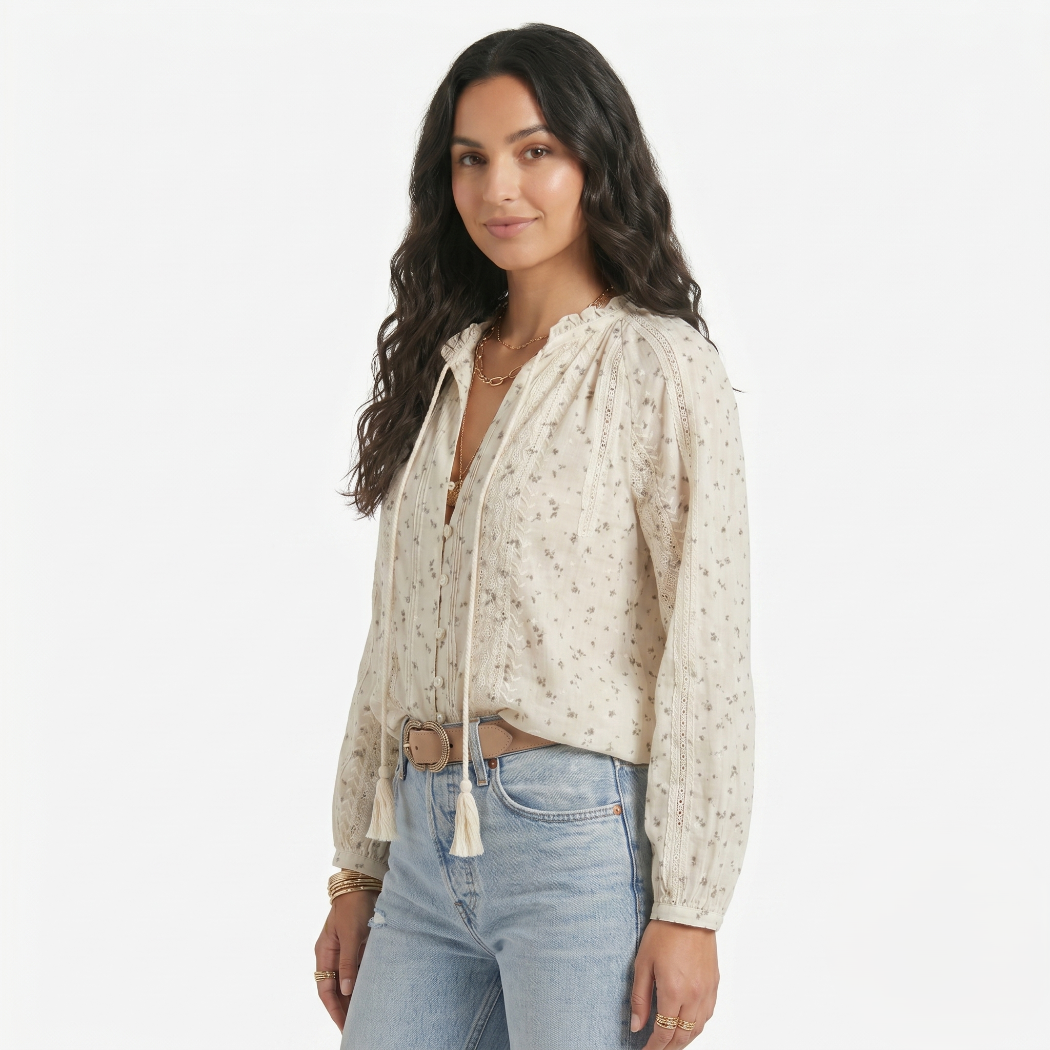 Oldevaine | Women's Printed Lace Trim Long Sleeve Boho Blouse