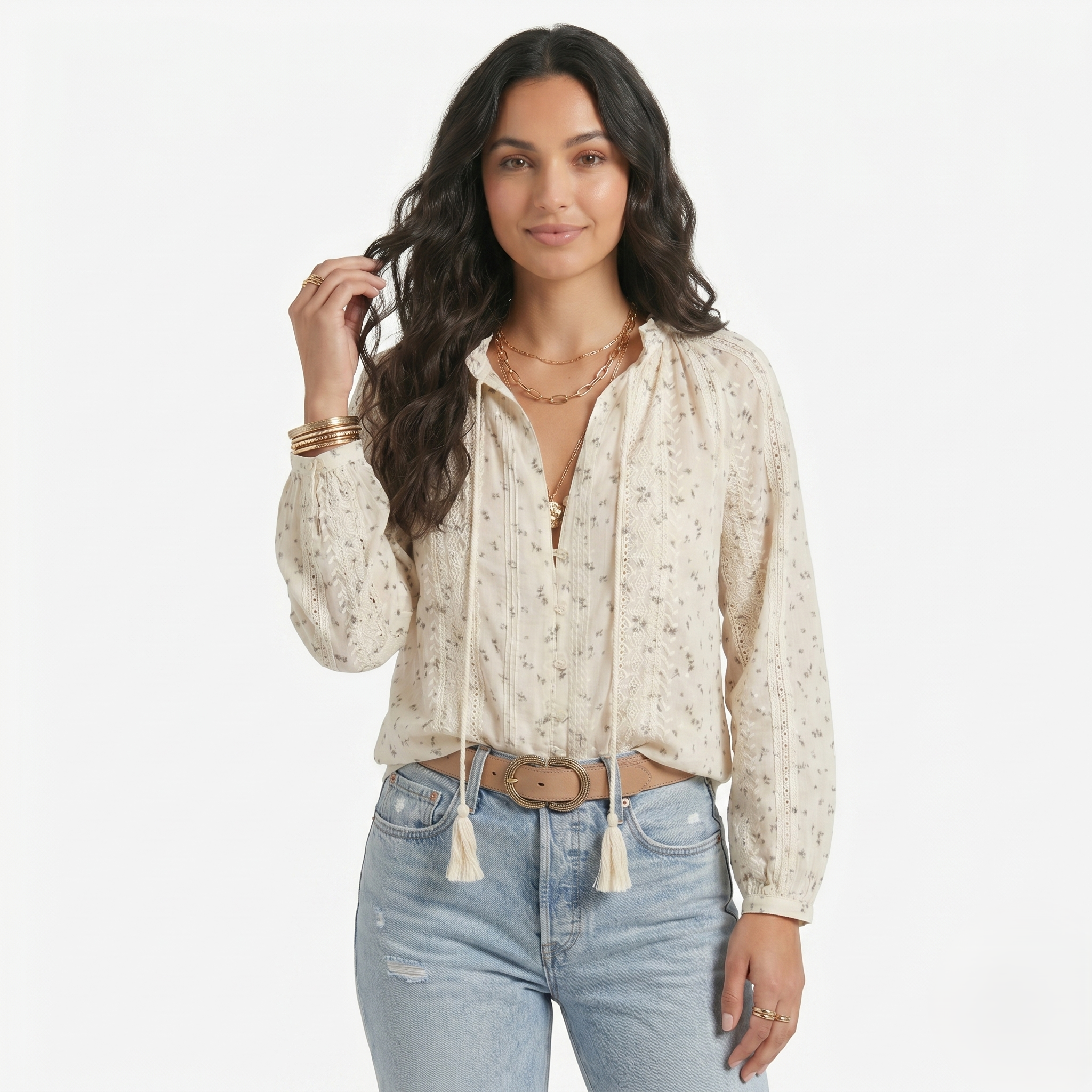 Oldevaine | Women's Printed Lace Trim Long Sleeve Boho Blouse