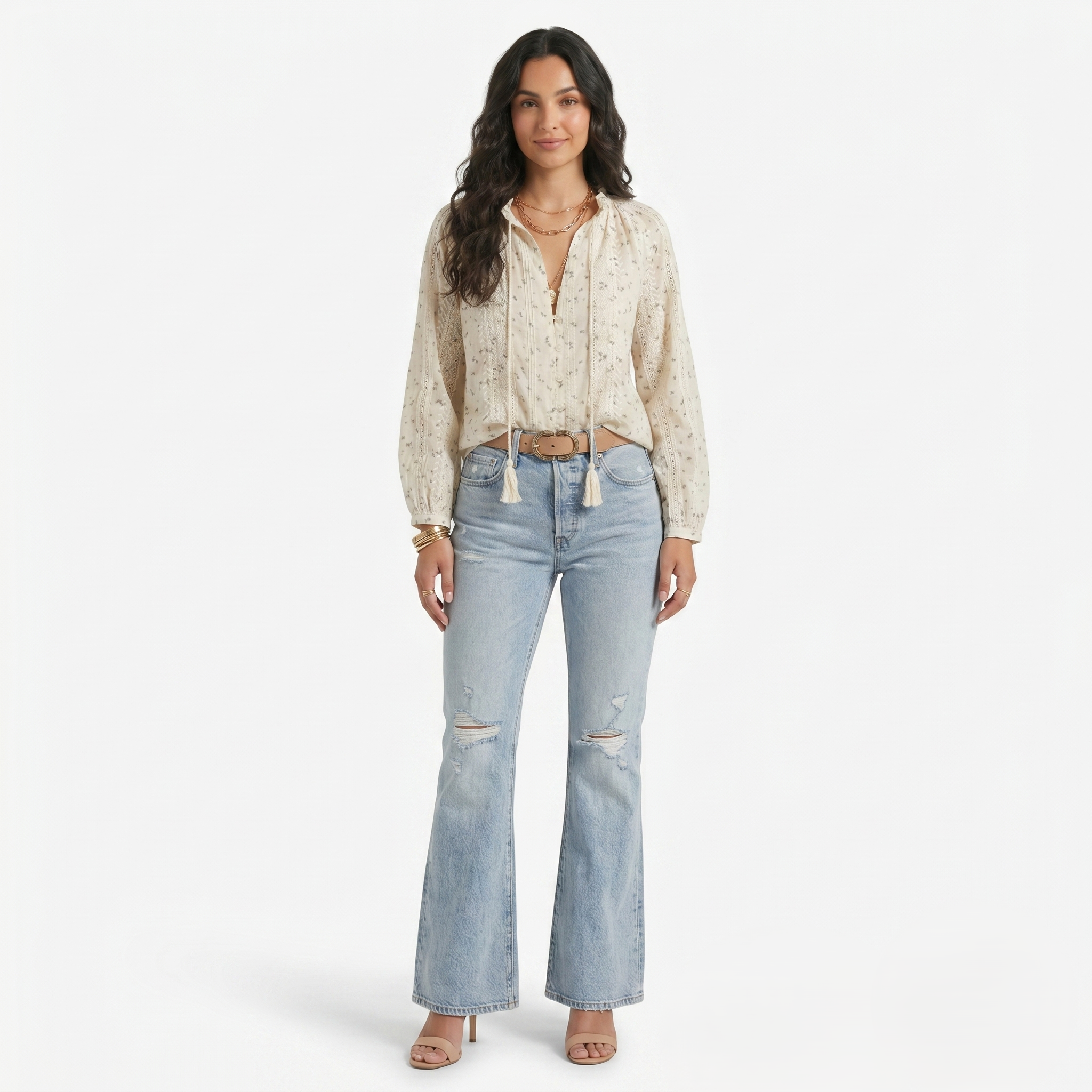 Oldevaine | Women's Printed Lace Trim Long Sleeve Boho Blouse