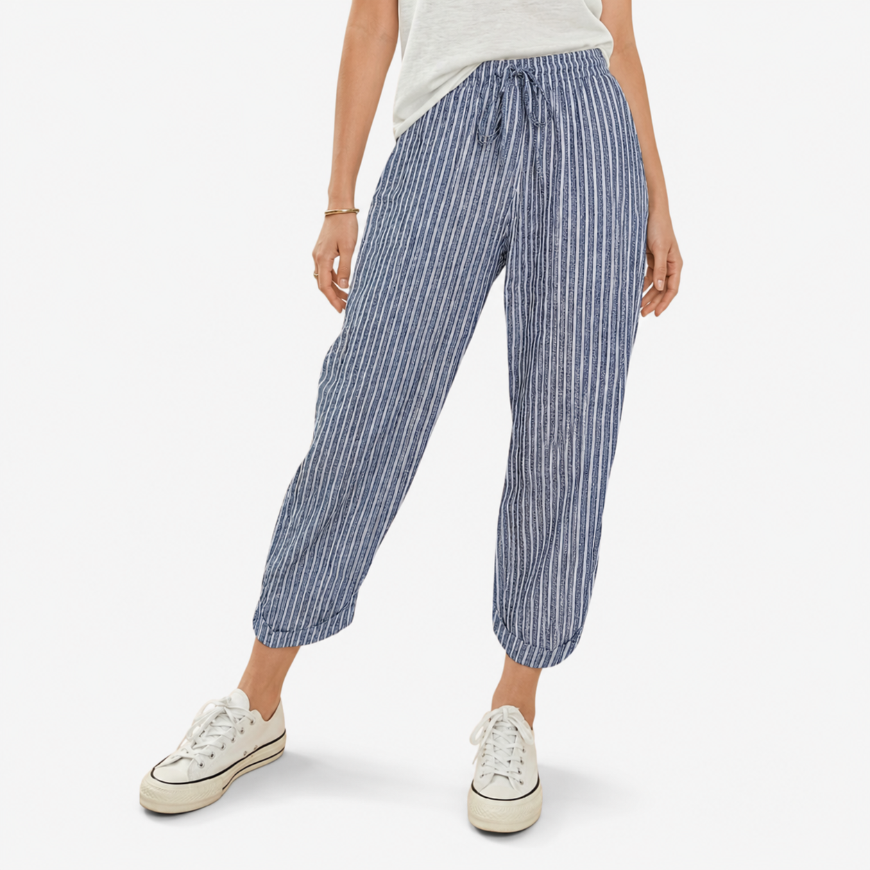 Oldevaine | Women's Striped Elastic Waist Tapered Trousers