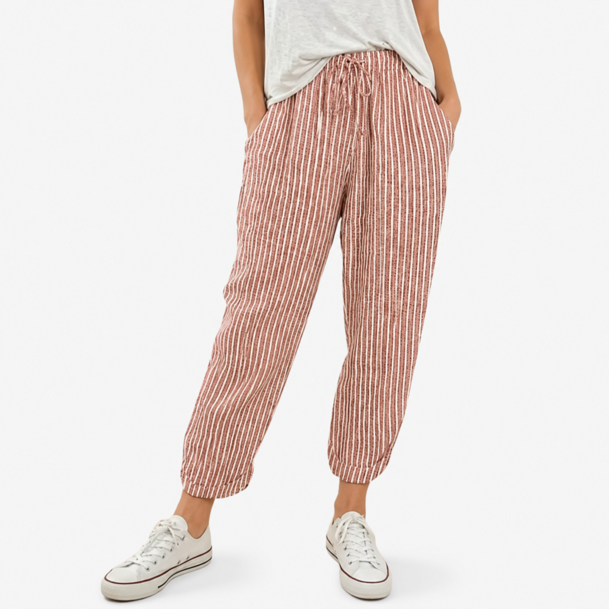 Oldevaine | Women's Striped Elastic Waist Tapered Trousers