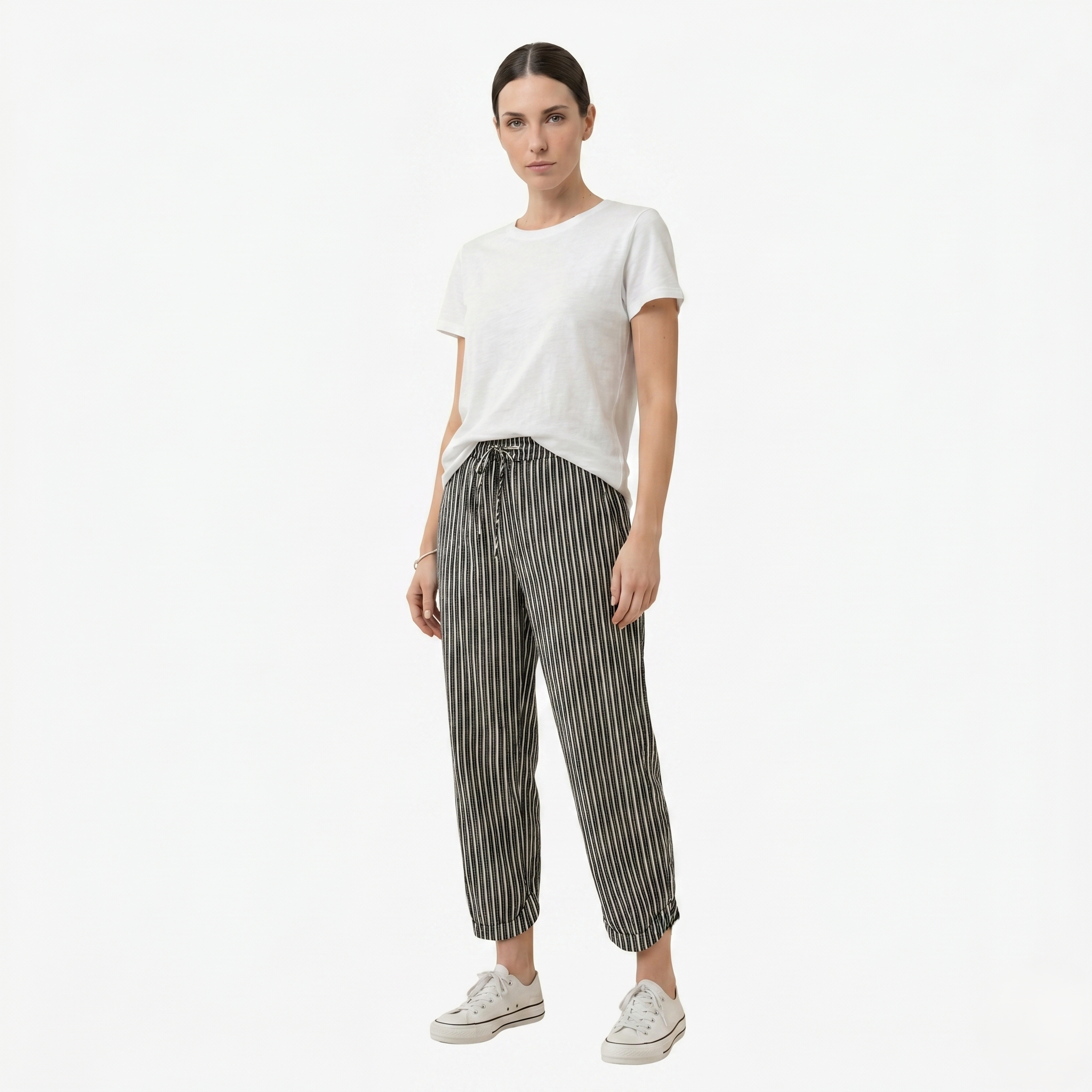 Oldevaine | Women's Striped Elastic Waist Tapered Trousers