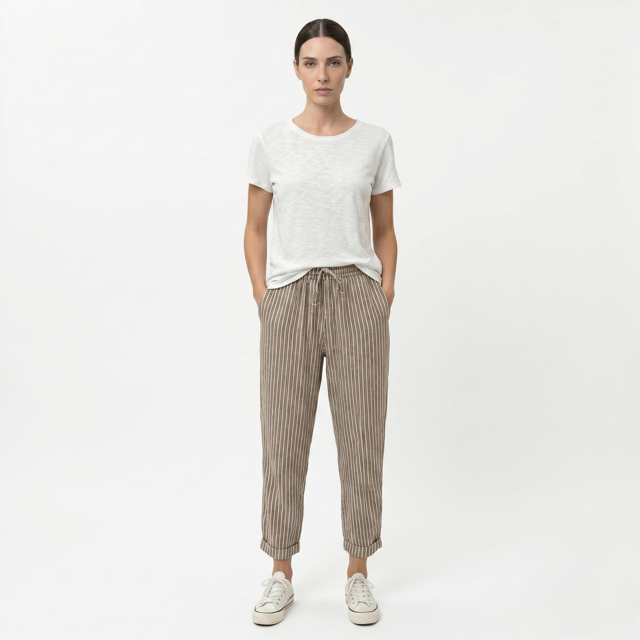 Oldevaine | Women's Striped Elastic Waist Tapered Trousers