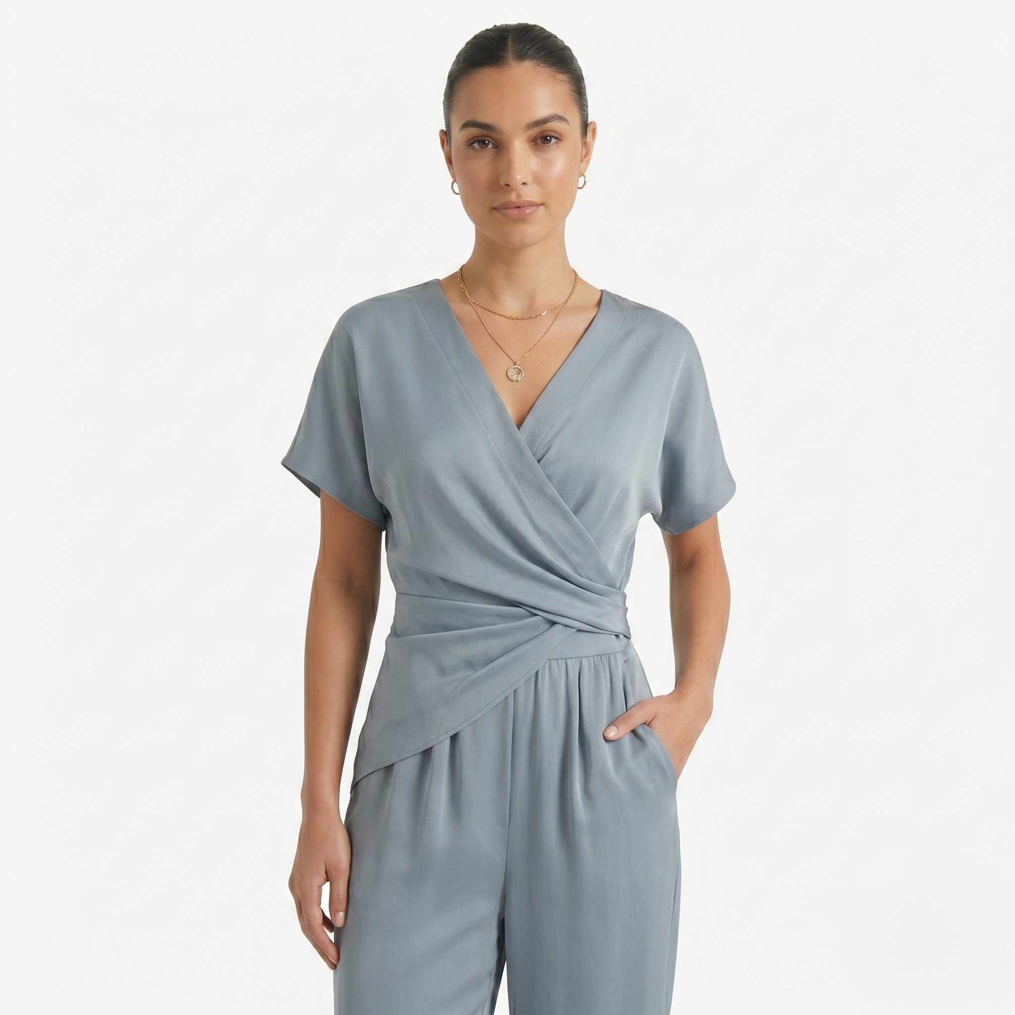 Oldevaine | Two Piece Asymmetrical V-Neck Top and Pants Set