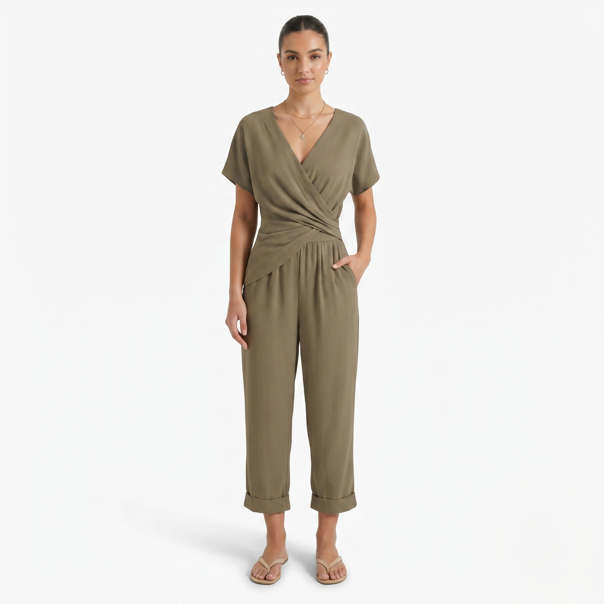 Oldevaine | Two Piece Asymmetrical V-Neck Top and Pants Set