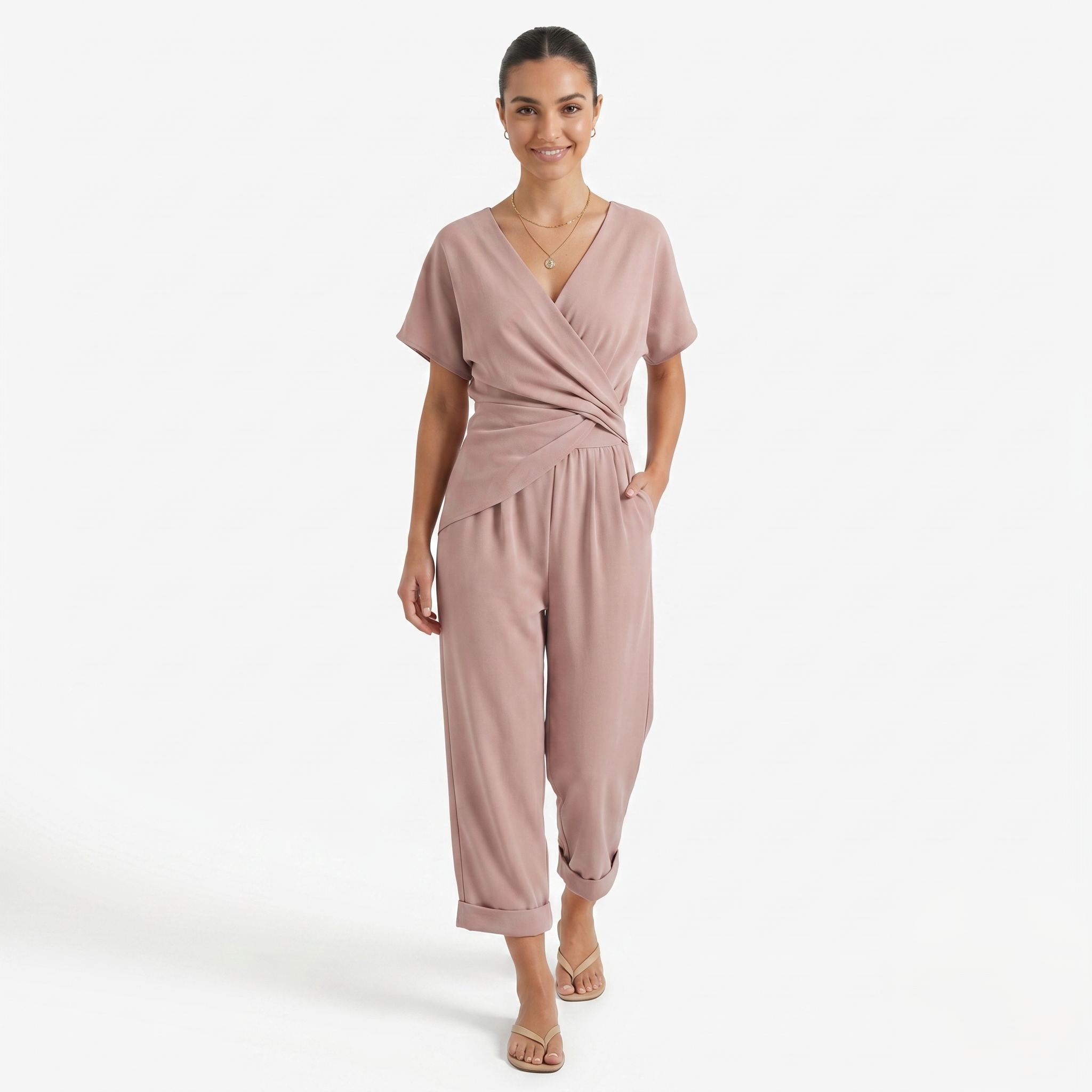Oldevaine | Two Piece Asymmetrical V-Neck Top and Pants Set