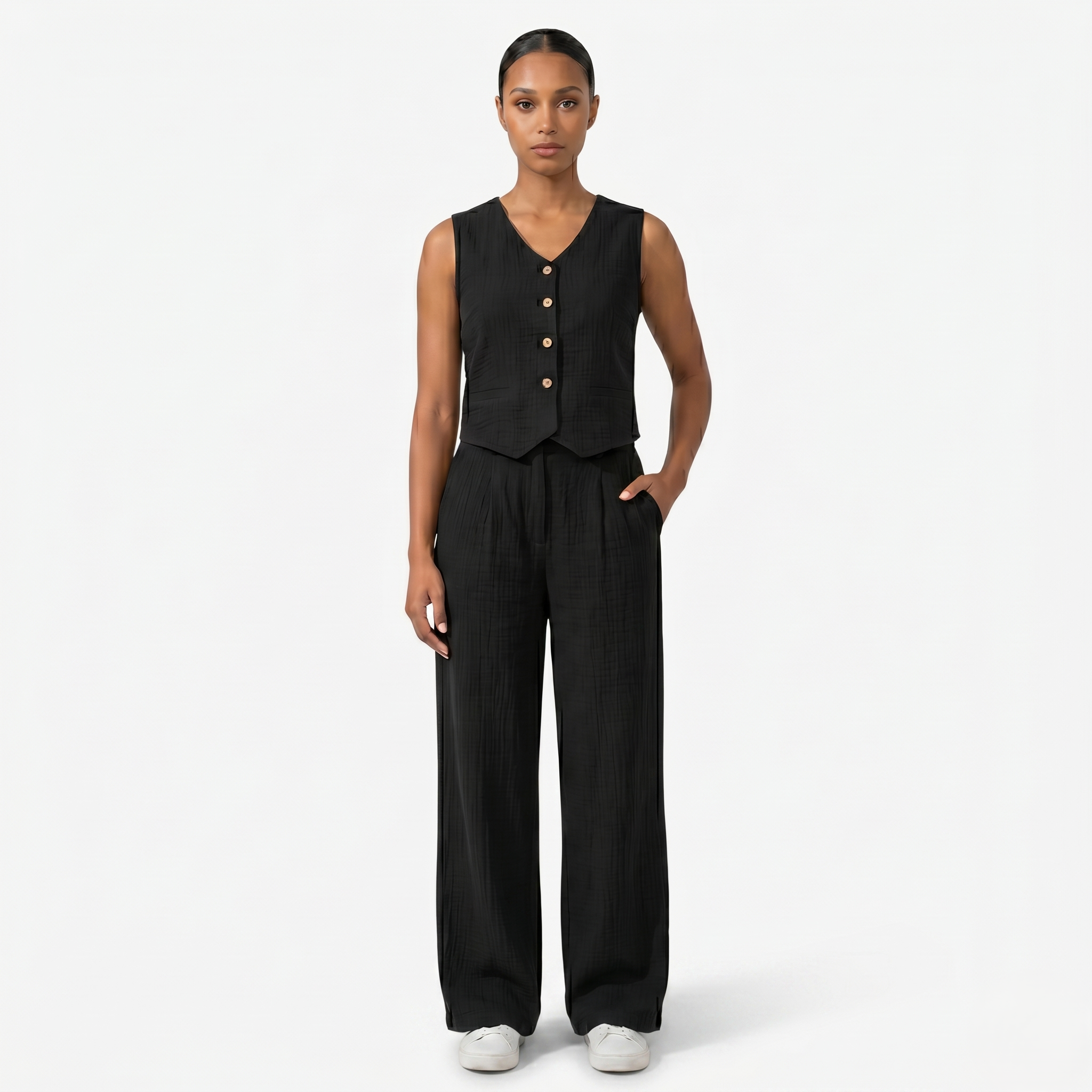Oldevaine | Women's Two Piece Co Ord Set Wide Leg Trousers Button Front Top