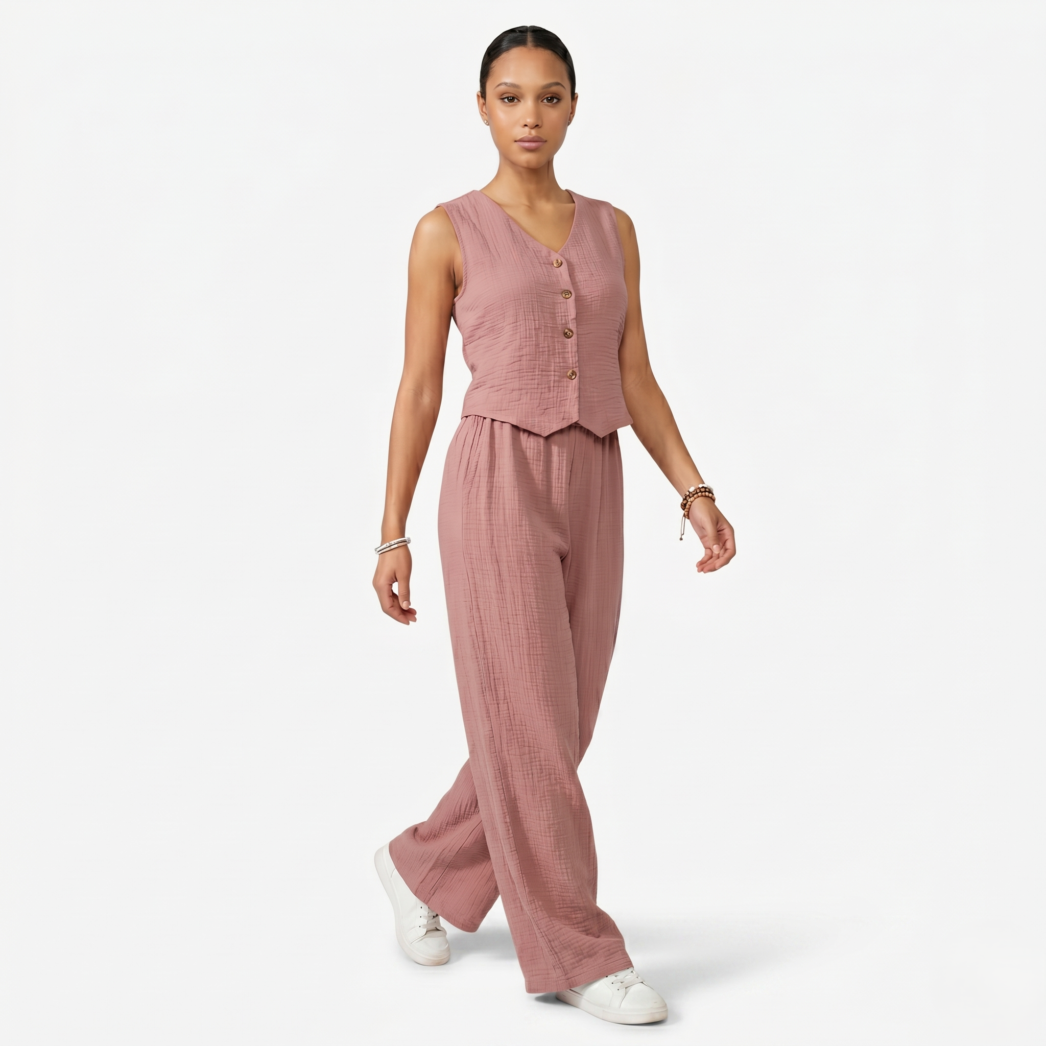Oldevaine | Women's Two Piece Co Ord Set Wide Leg Trousers Button Front Top
