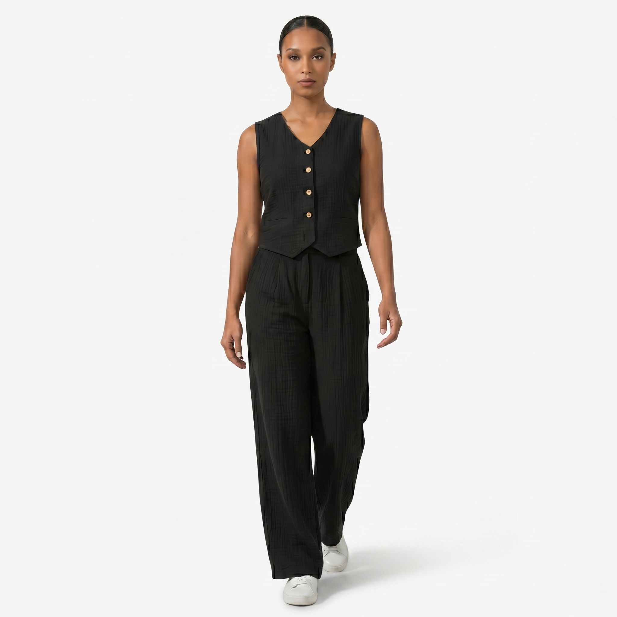 Oldevaine | Women's Two Piece Co Ord Set Wide Leg Trousers Button Front Top