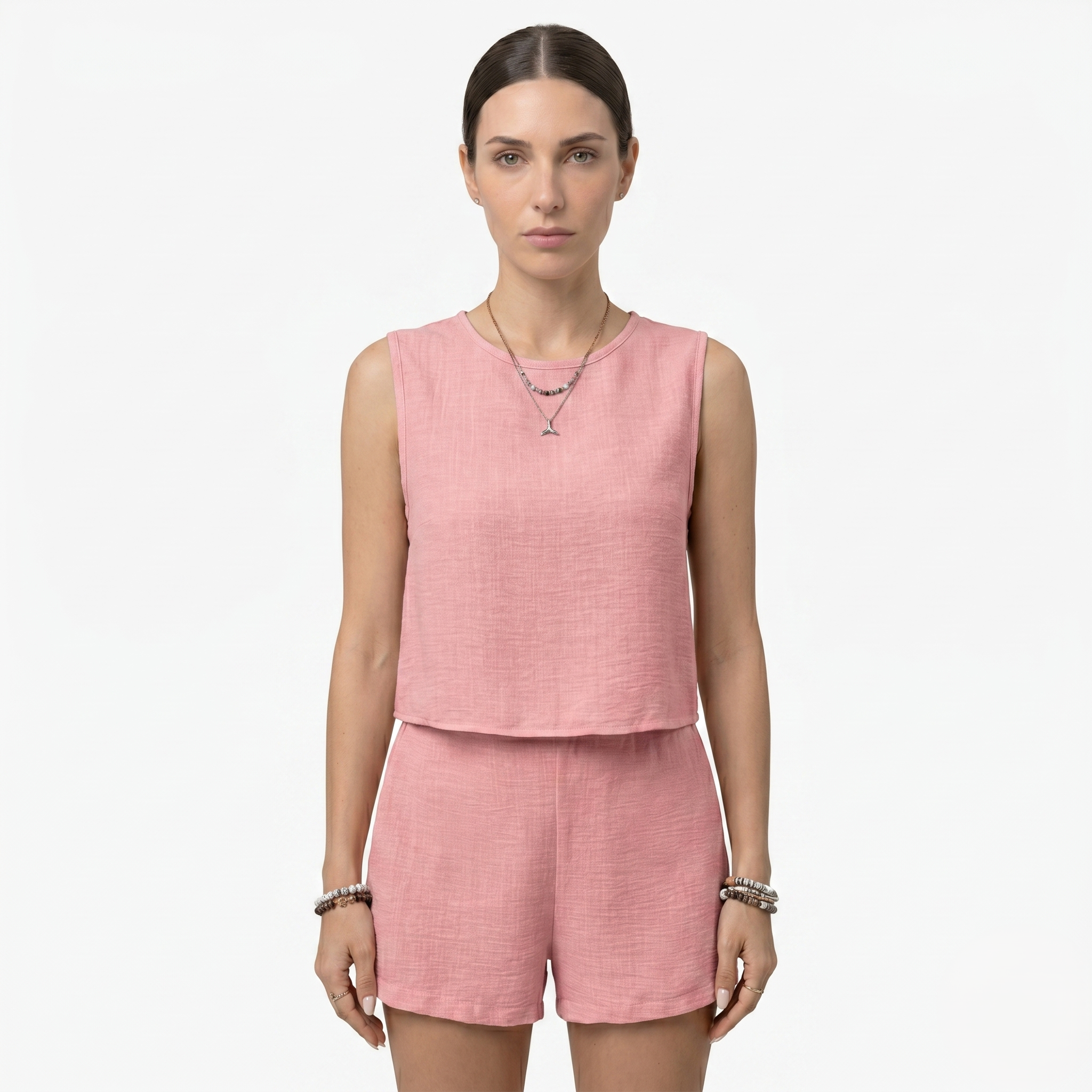 Oldevaine | Women's Two Piece Set Crew Neck Sleeveless Top and Shorts