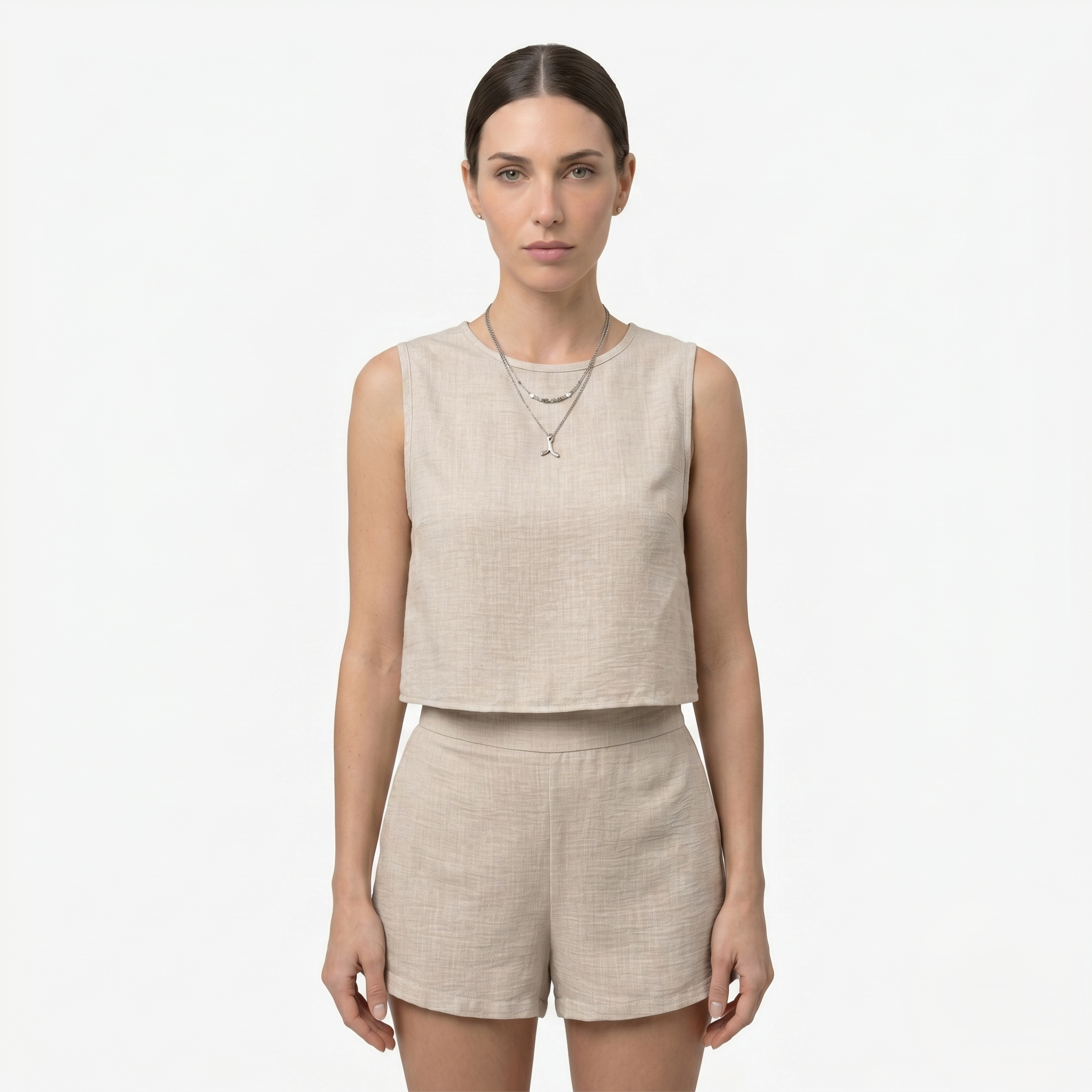 Oldevaine | Women's Two Piece Set Crew Neck Sleeveless Top and Shorts