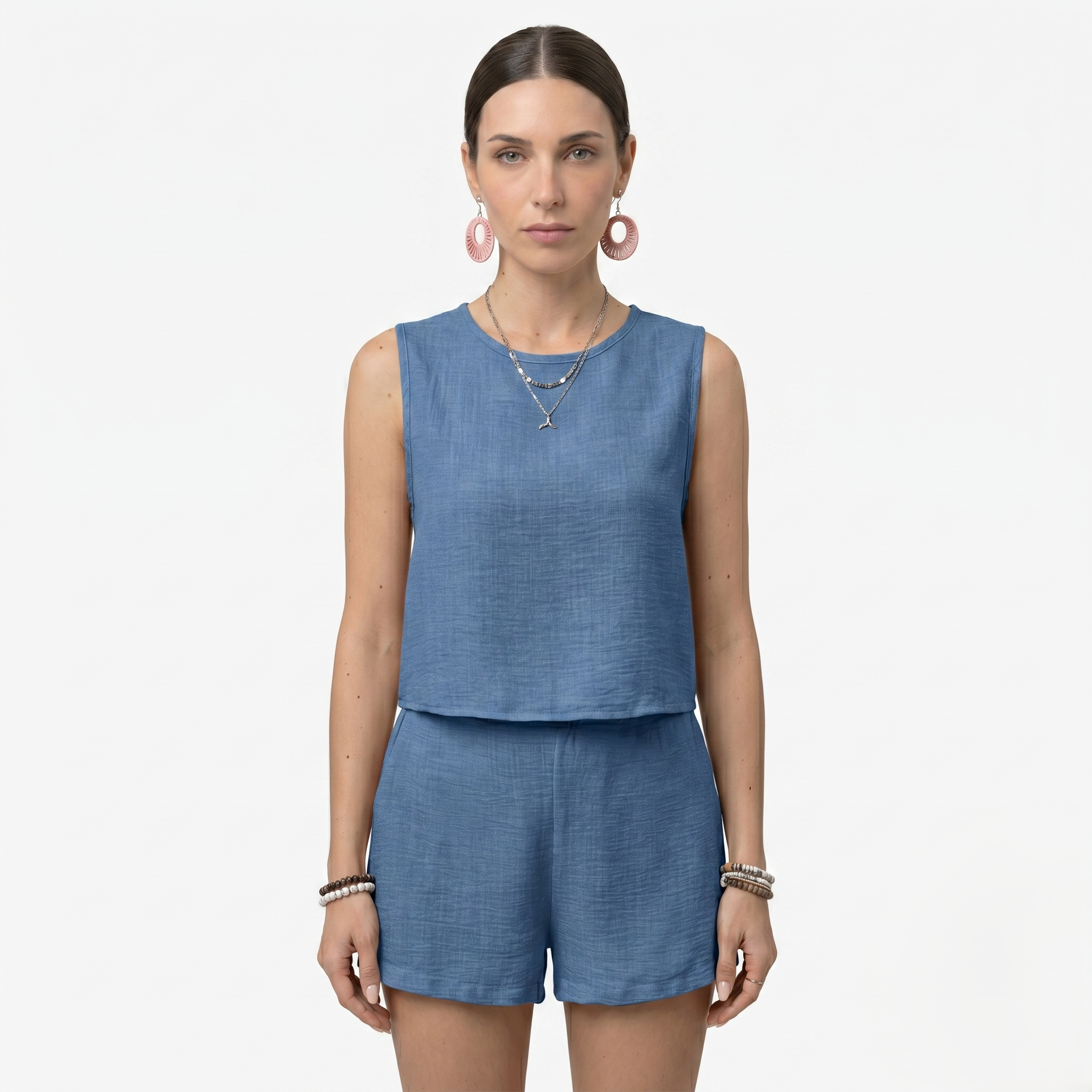 Oldevaine | Women's Two Piece Set Crew Neck Sleeveless Top and Shorts