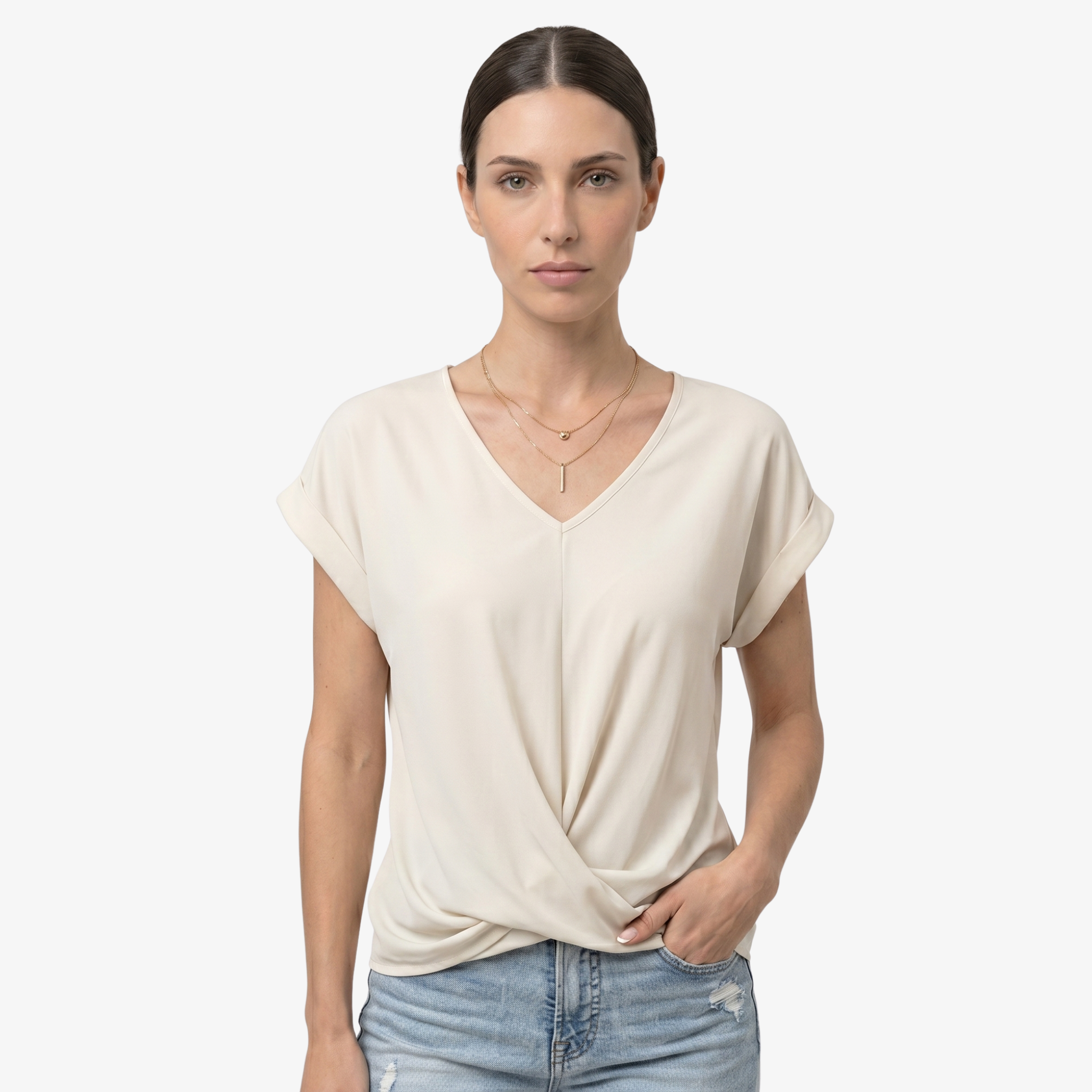 Oldevaine | Women's V Neck Short Sleeve Wrap Front Blouse Top