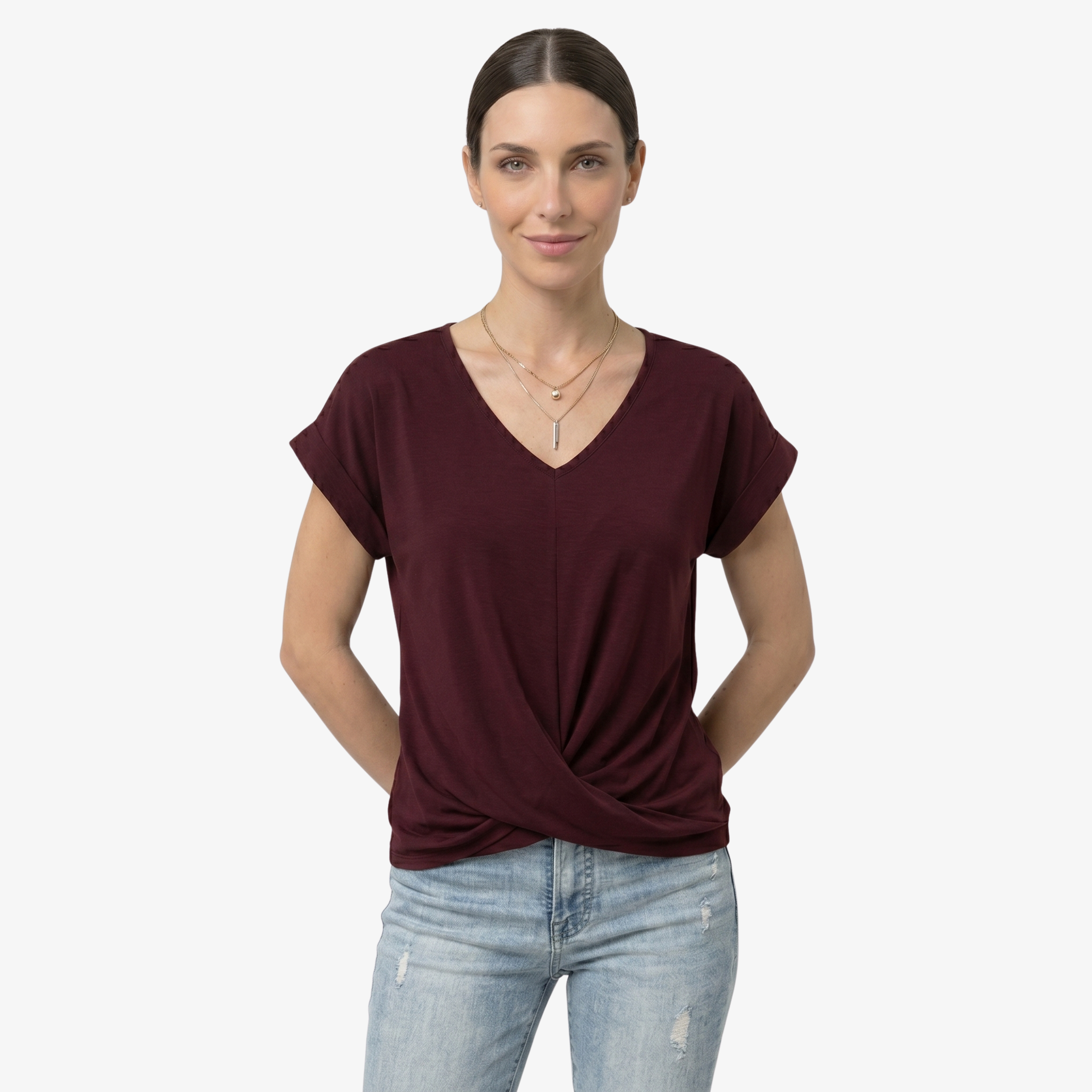 Oldevaine | Women's V Neck Short Sleeve Wrap Front Blouse Top