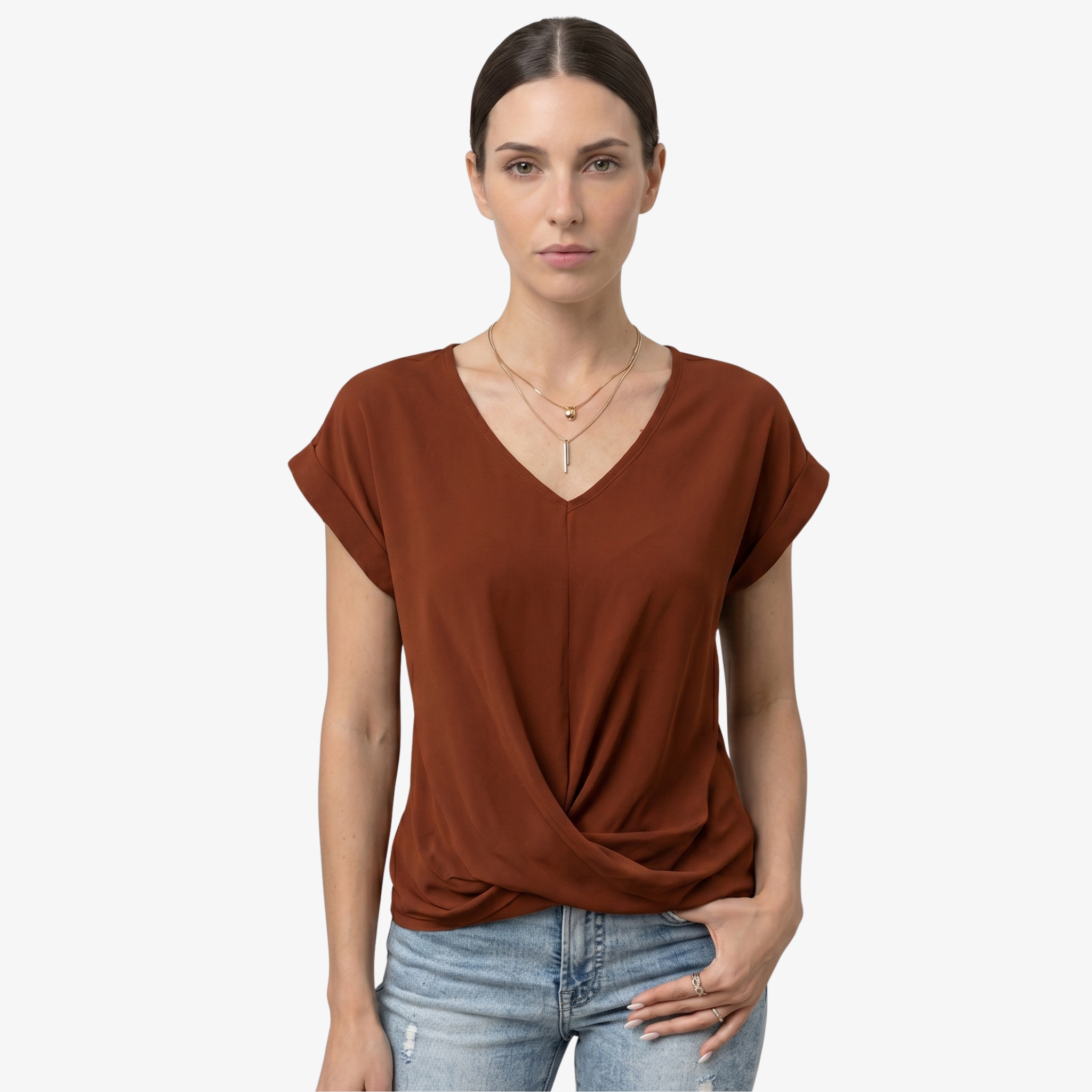 Oldevaine | Women's V Neck Short Sleeve Wrap Front Blouse Top