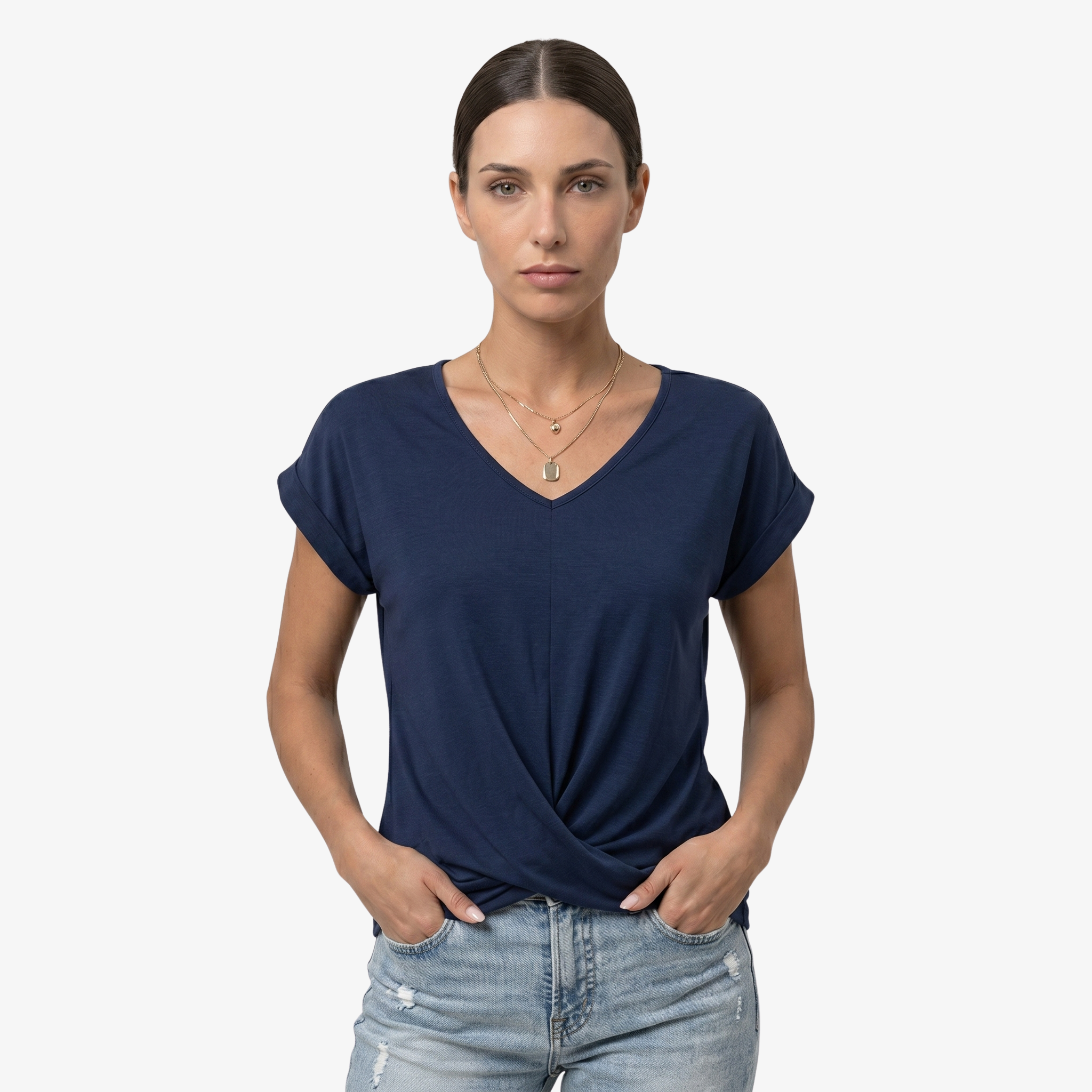 Oldevaine | Women's V Neck Short Sleeve Wrap Front Blouse Top