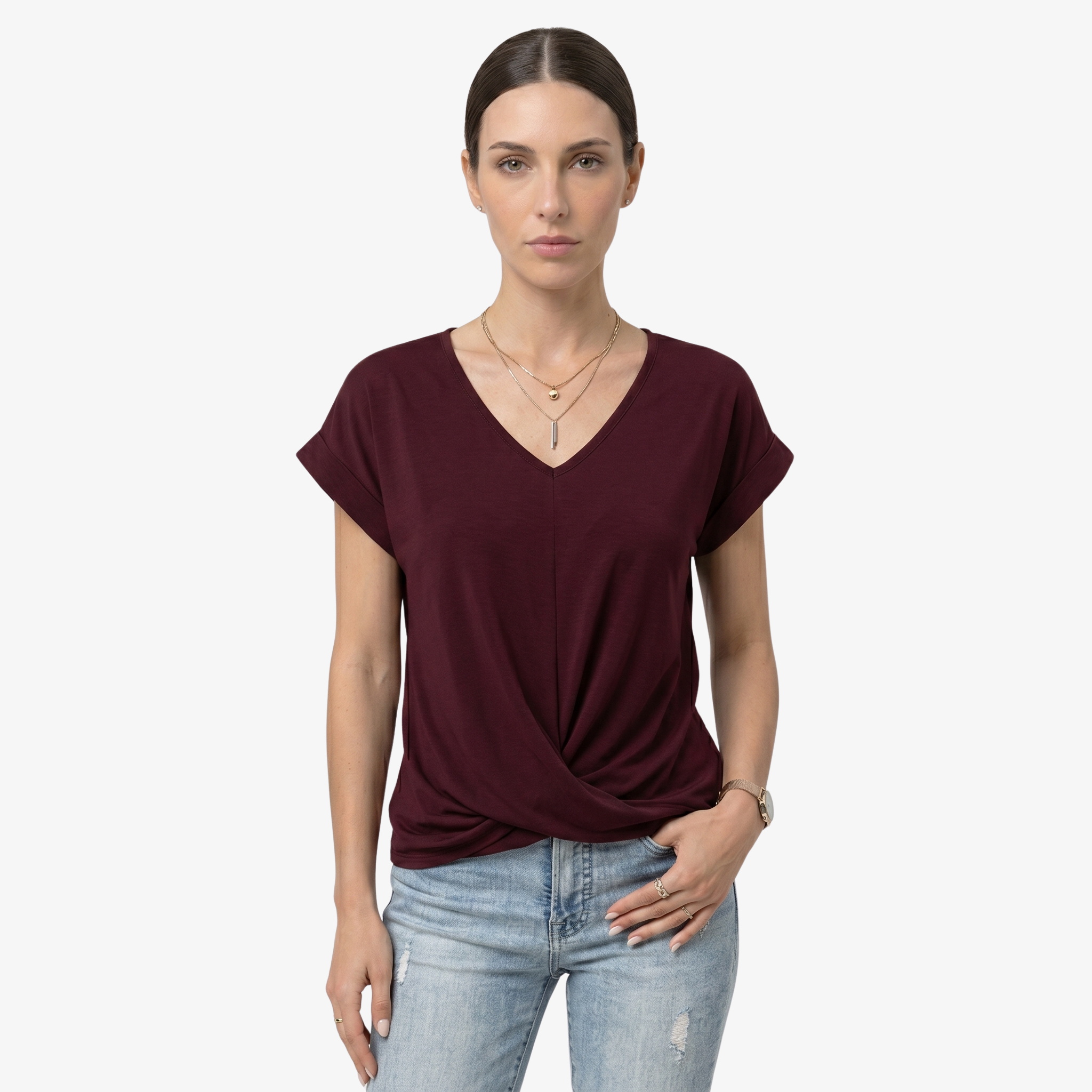 Oldevaine | Women's V Neck Short Sleeve Wrap Front Blouse Top