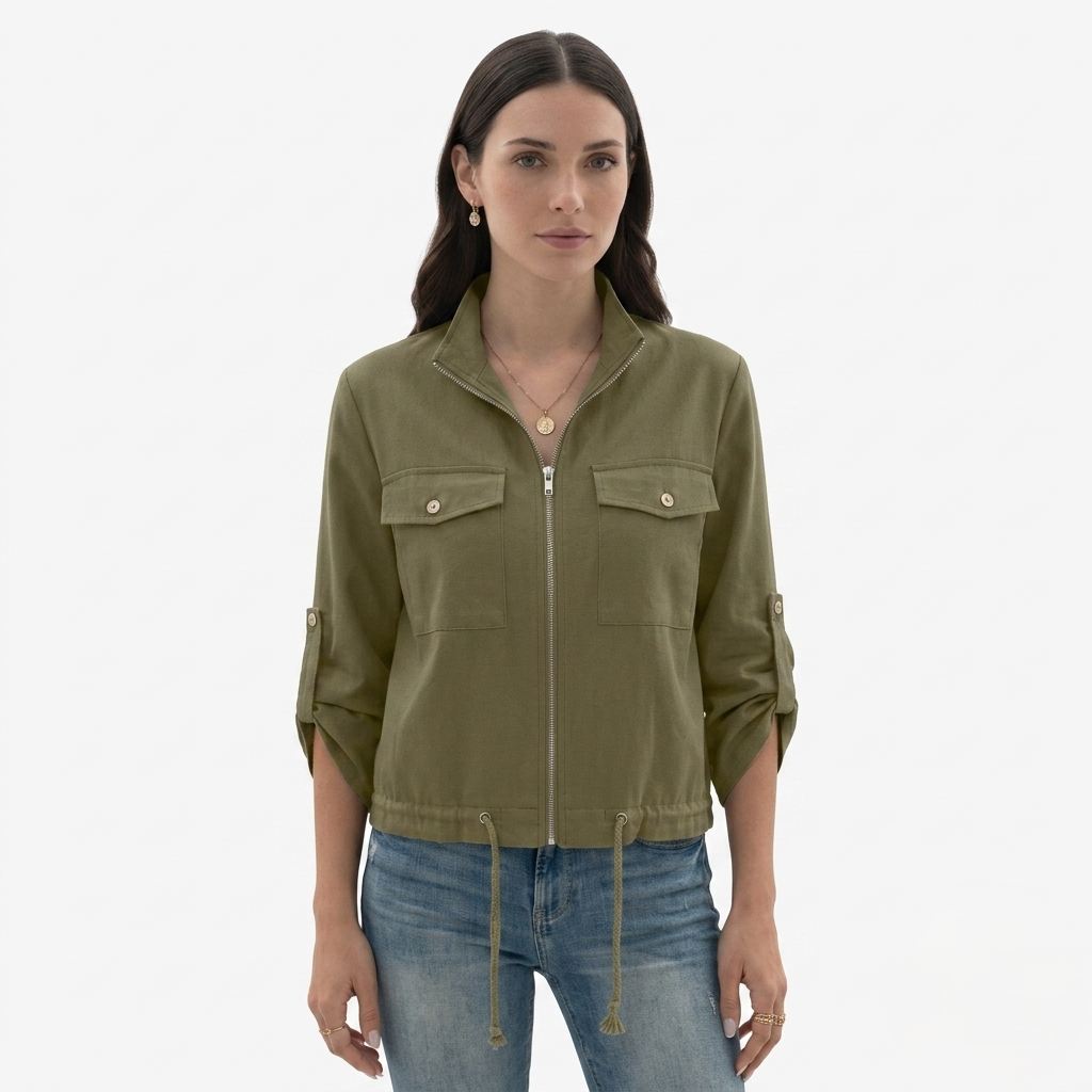Oldevaine | Women's Zip Up Utility Jacket Stand Collar
