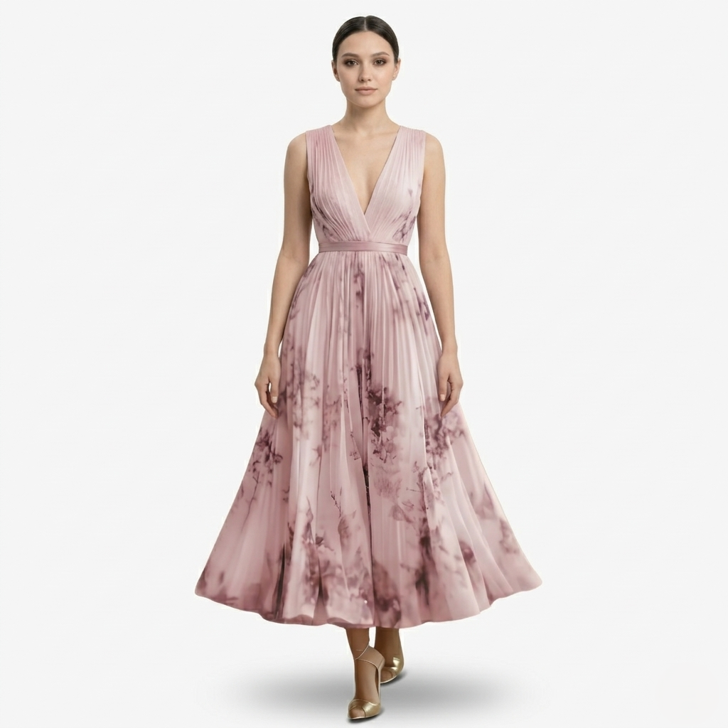Oldevaine | Pleated Midi Dress V-Neck Sleeveless Floral Print A-Line