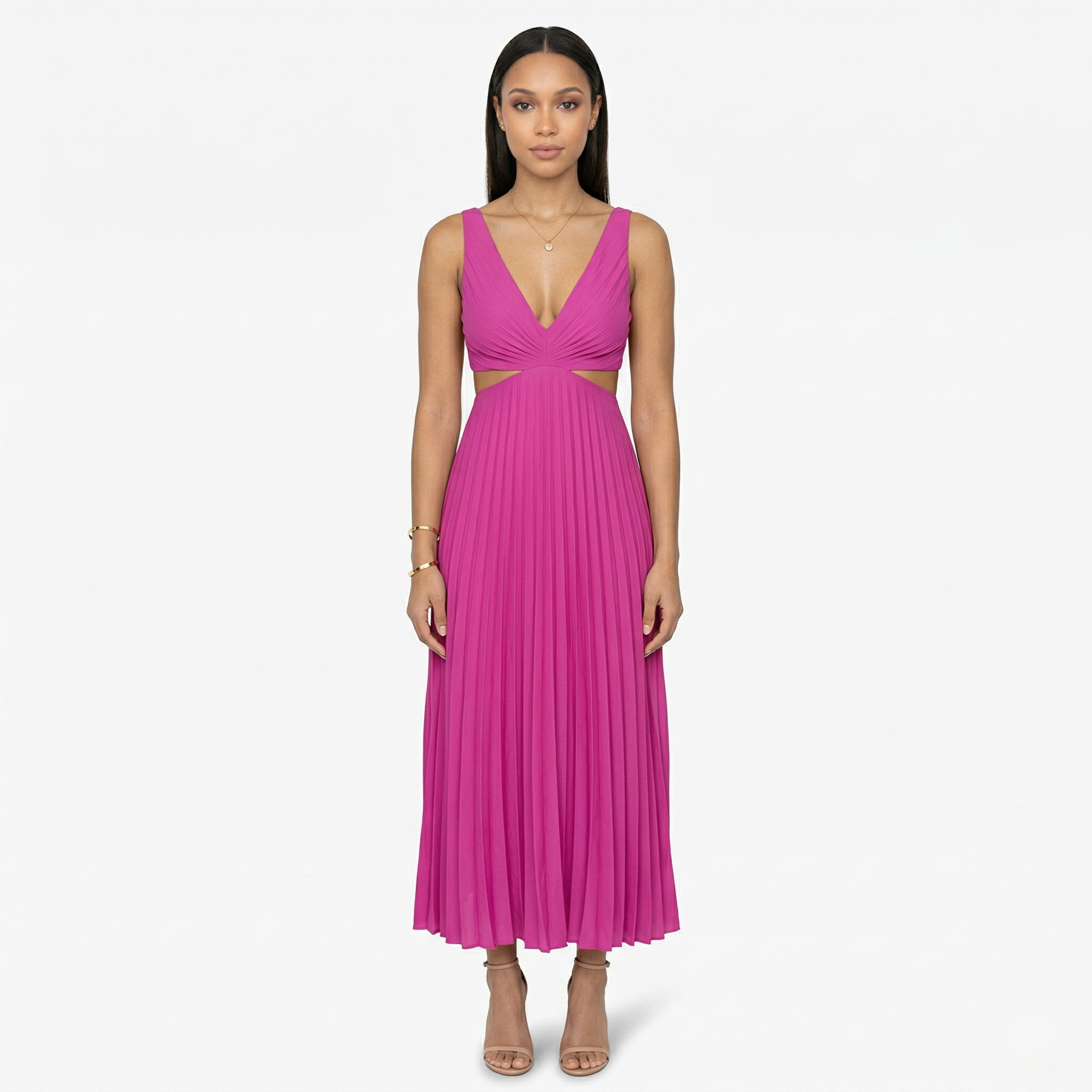 Oldevaine | Pleated Midi Dress V Neck Sleeveless Cut Out Waist