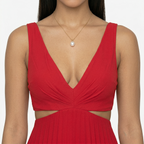 Oldevaine | Pleated Midi Dress V Neck Sleeveless Cut Out Waist