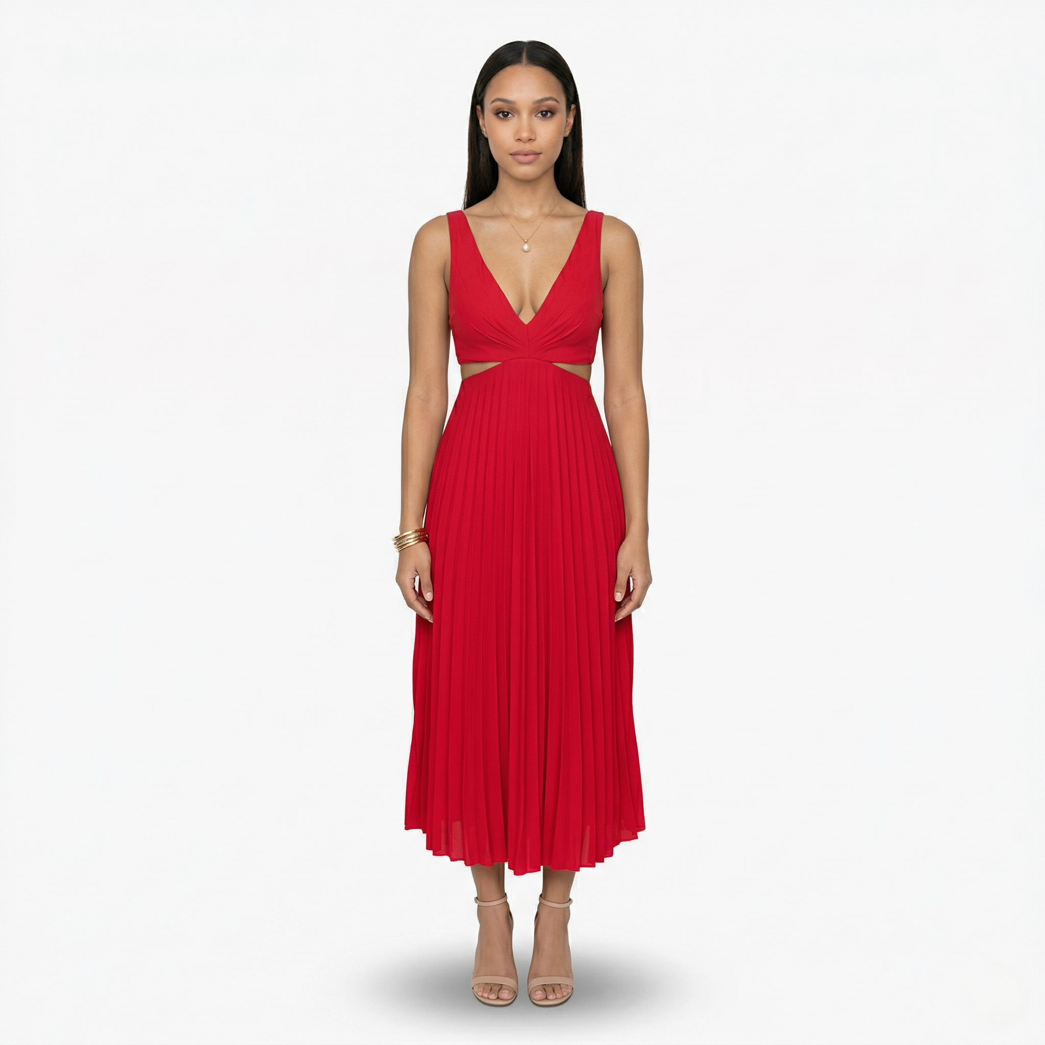 Oldevaine | Pleated Midi Dress V Neck Sleeveless Cut Out Waist