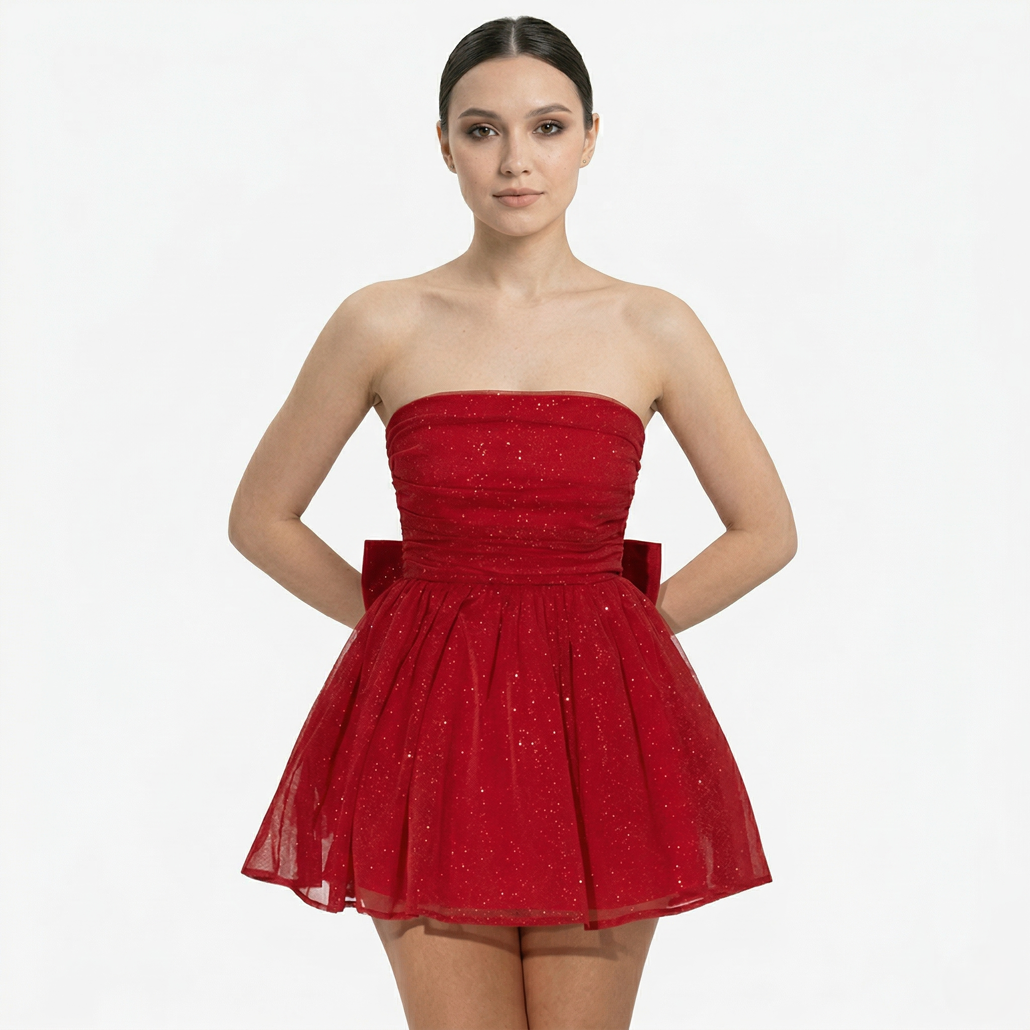Oldevaine | Women’s Strapless Glitter Mini Dress Ruched Bow Back Detail