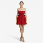 Oldevaine | Women’s Strapless Glitter Mini Dress Ruched Bow Back Detail