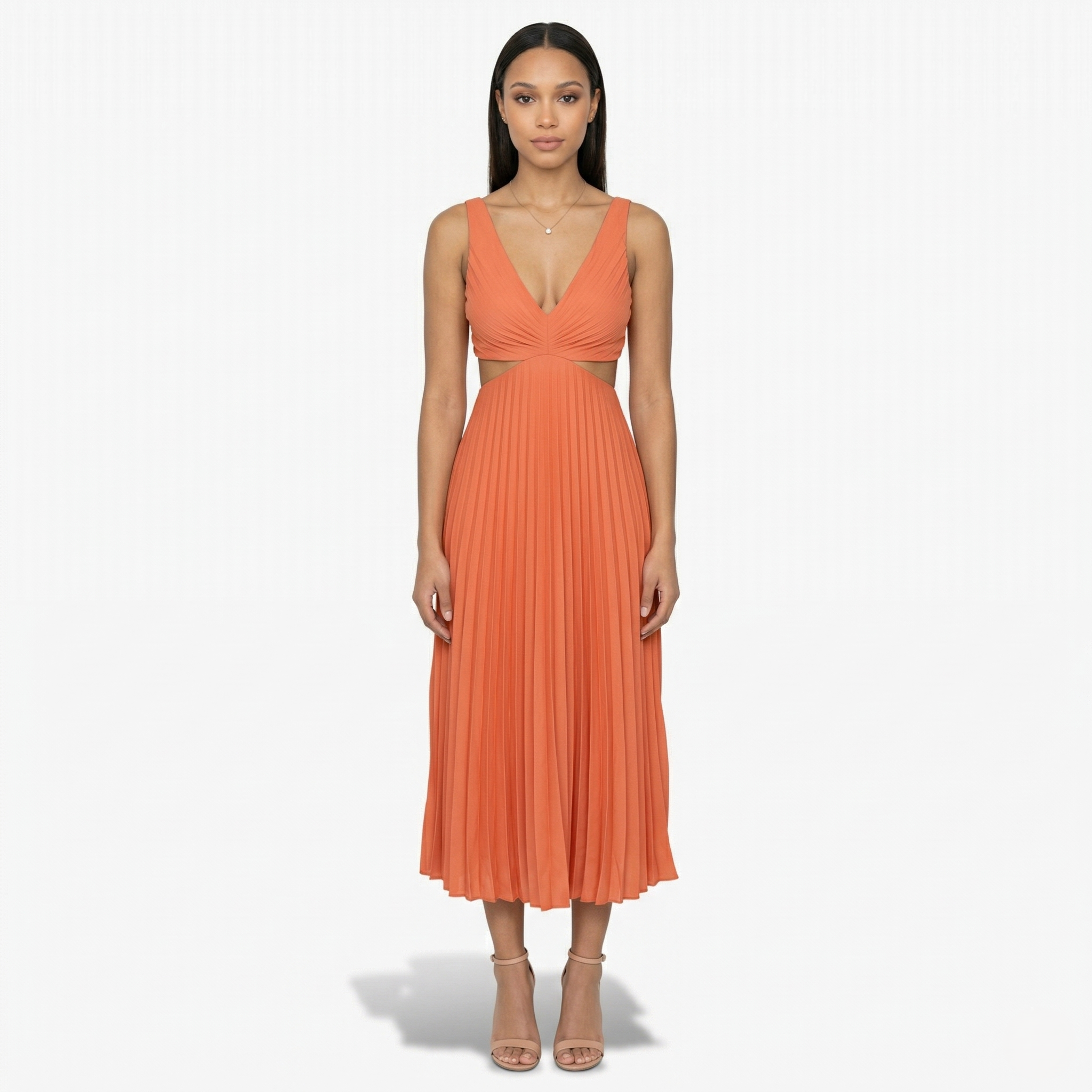 Oldevaine | Pleated Midi Dress V Neck Sleeveless Cut Out Waist
