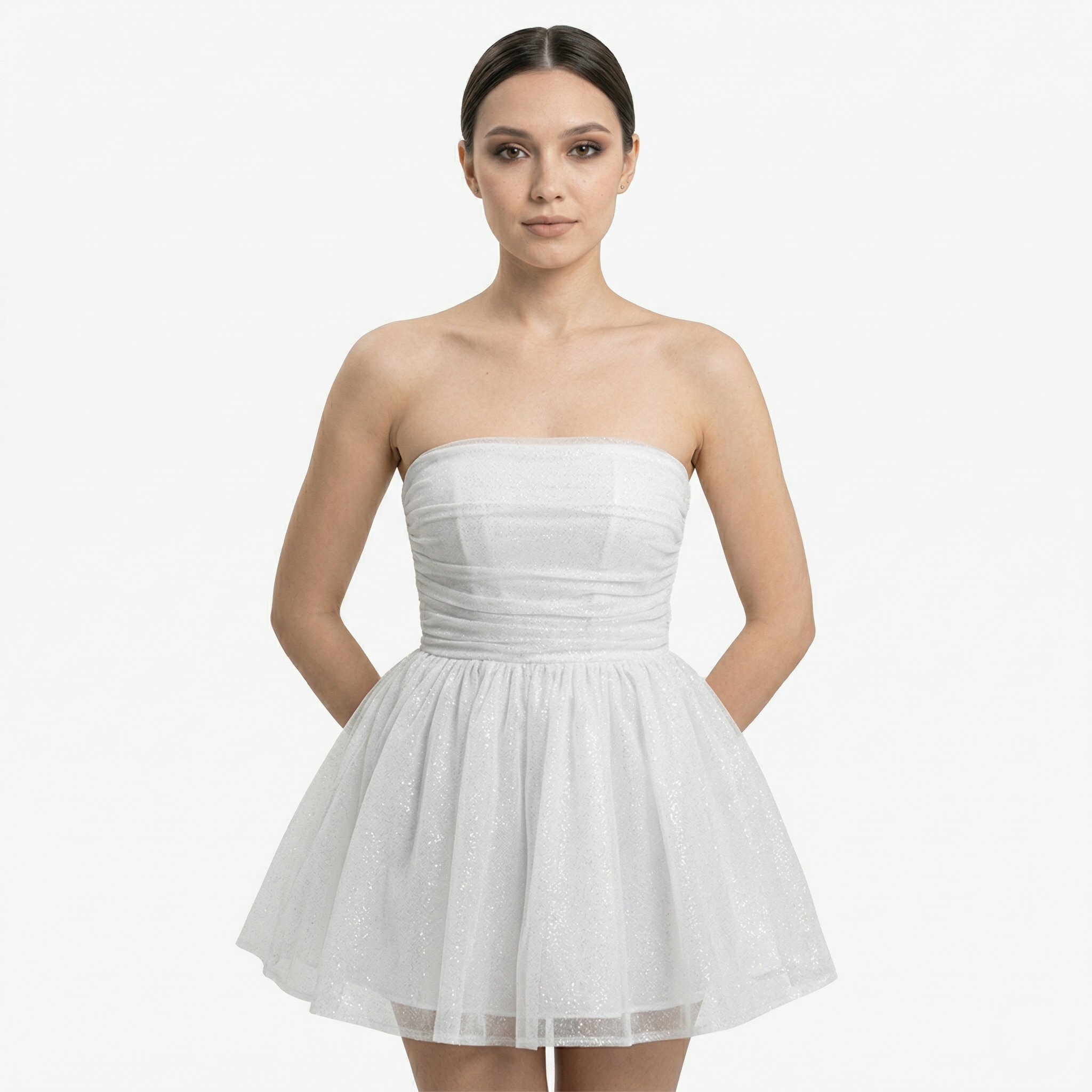 Oldevaine | Women’s Strapless Glitter Mini Dress Ruched Bow Back Detail