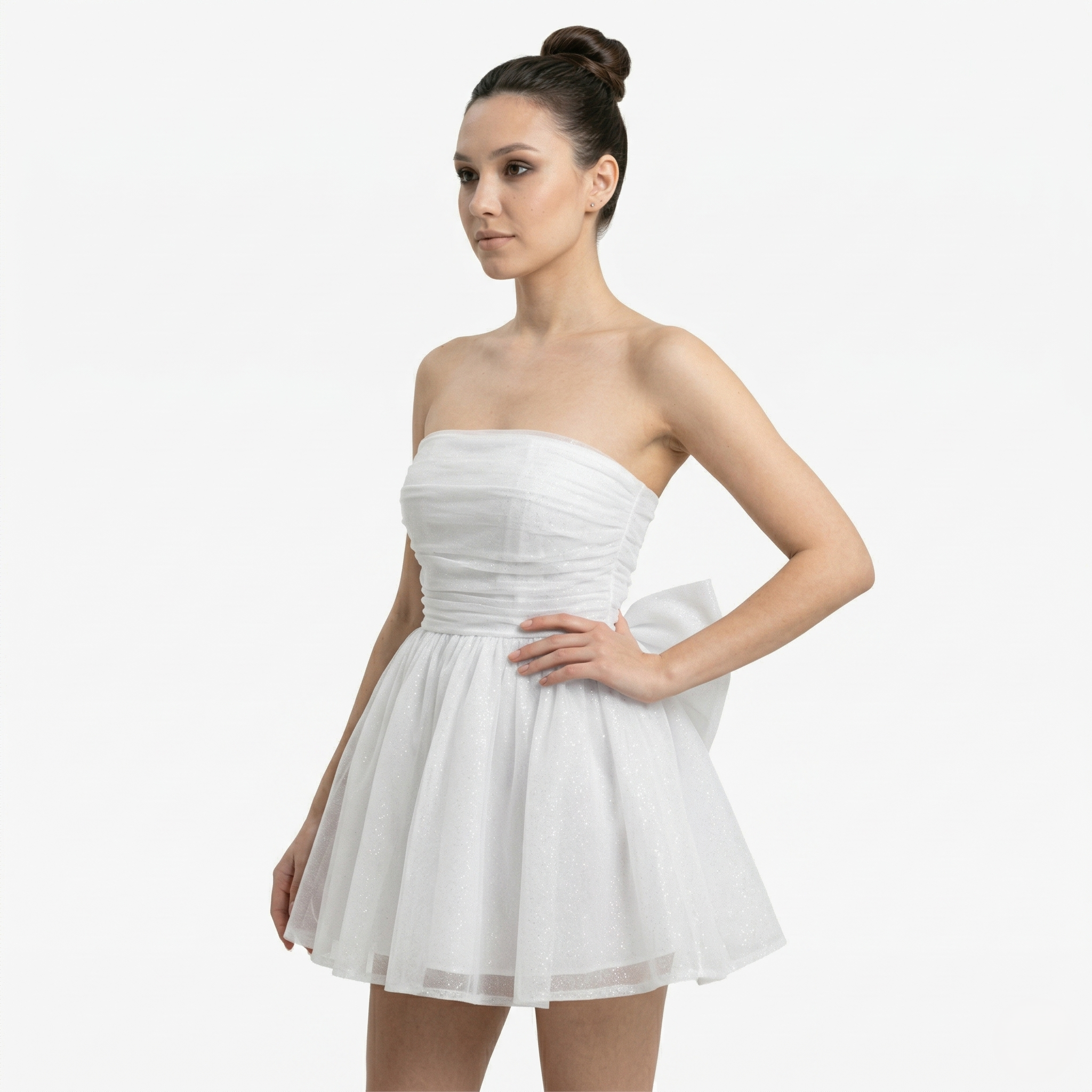 Oldevaine | Women’s Strapless Glitter Mini Dress Ruched Bow Back Detail